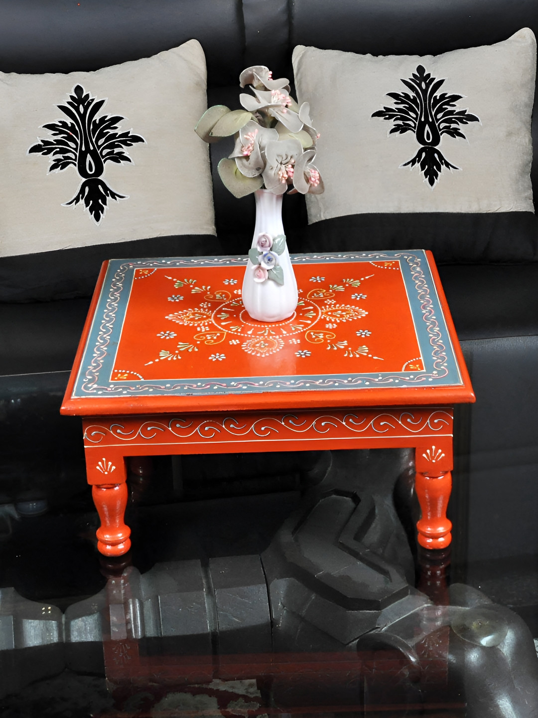 Lal Haveli Orange & Blue Self design Textured Wooden Chowki