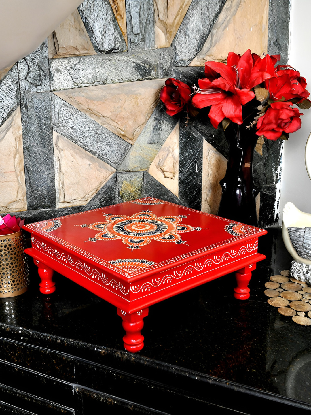 Lal Haveli Red Self design Textured Wooden Chowki
