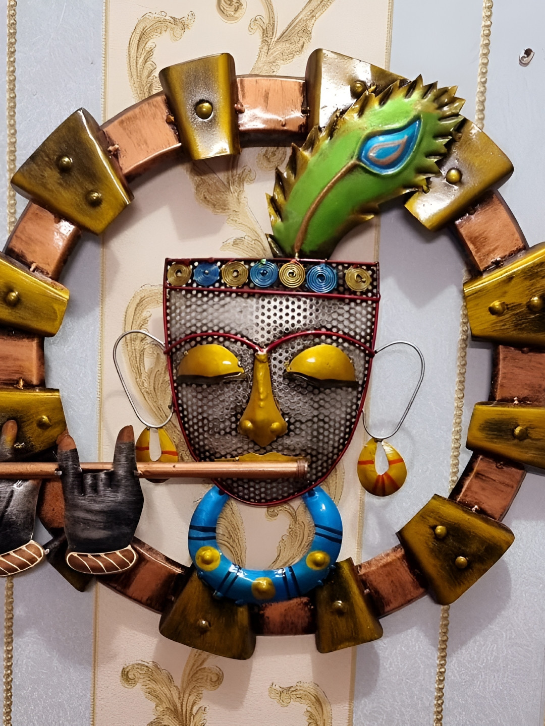 RSN Krishna Flute Metal Ethnic Motifs Glossy Hanging Hall Spiritual Wall Decor-23In