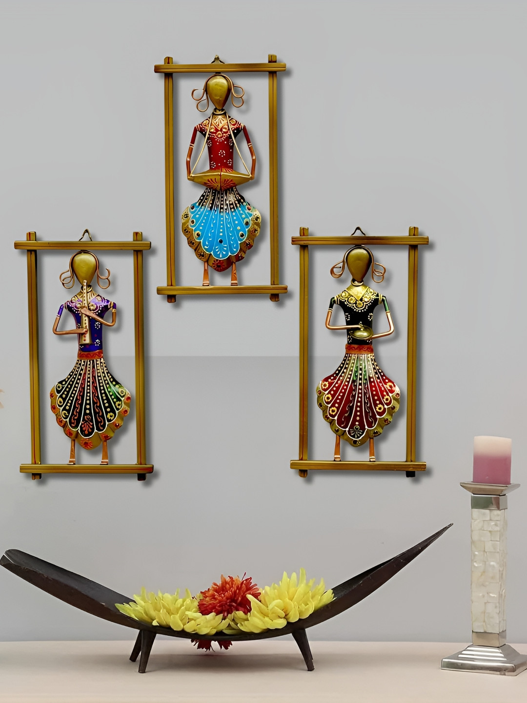 RSN 3 Rajasthani Musician Metal Ethnic Motifs Glossy Hanging Hall 3Pcs Wall Hangings-12In