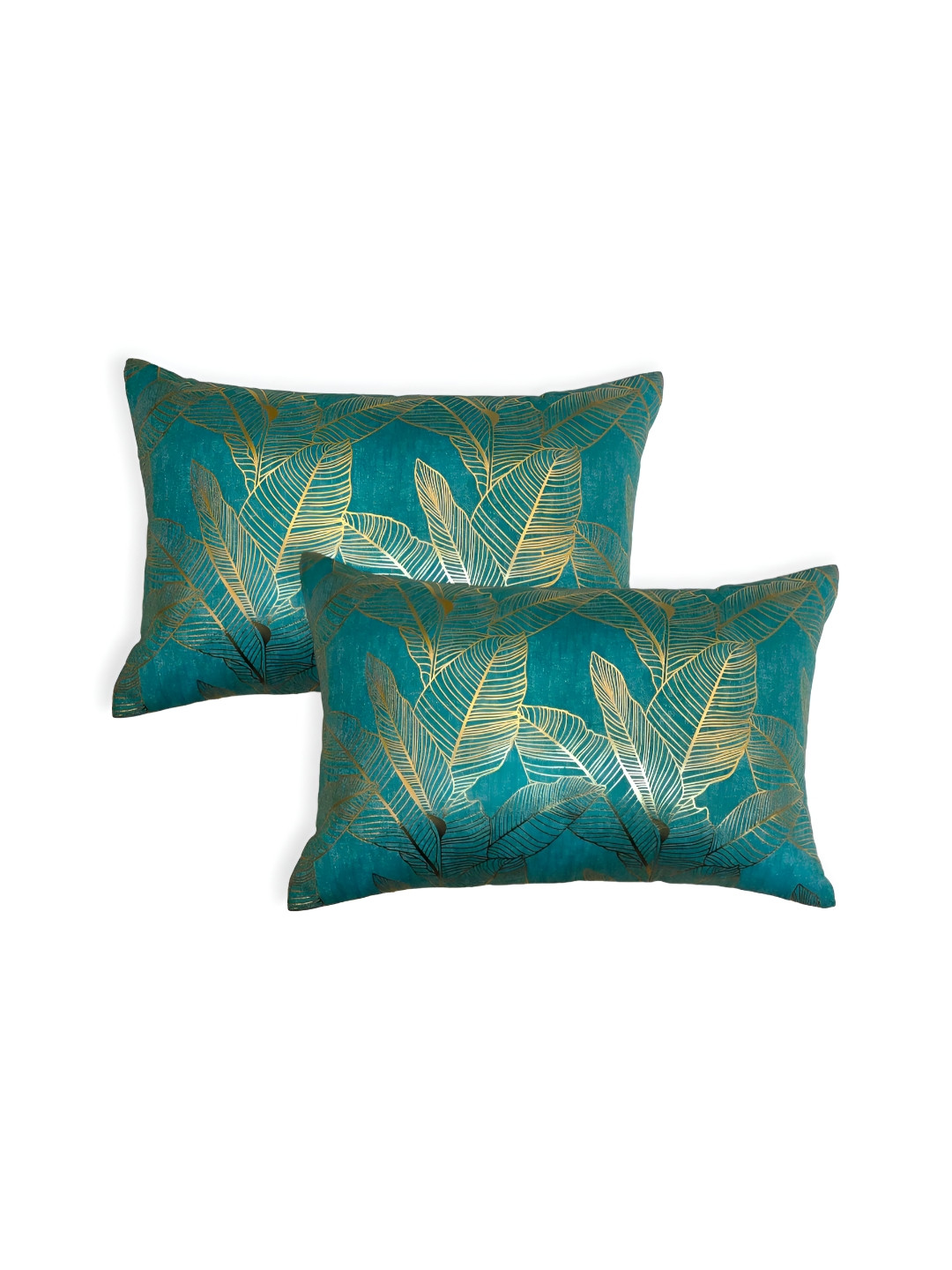 MONKDECOR Teal Leaf Velvet Washable 2 Piece Rectangle Cushion Covers - 12 x 18 Inches