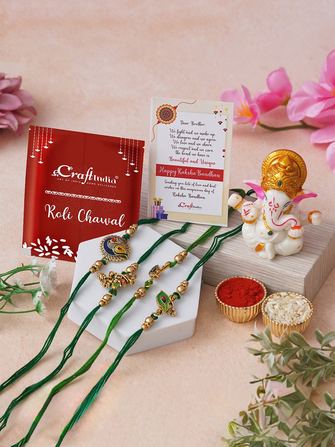 eCraftIndia 4-Pcs Radha Krishna Flute Peacock Feather Designer Rakhis & Ganesh Idol