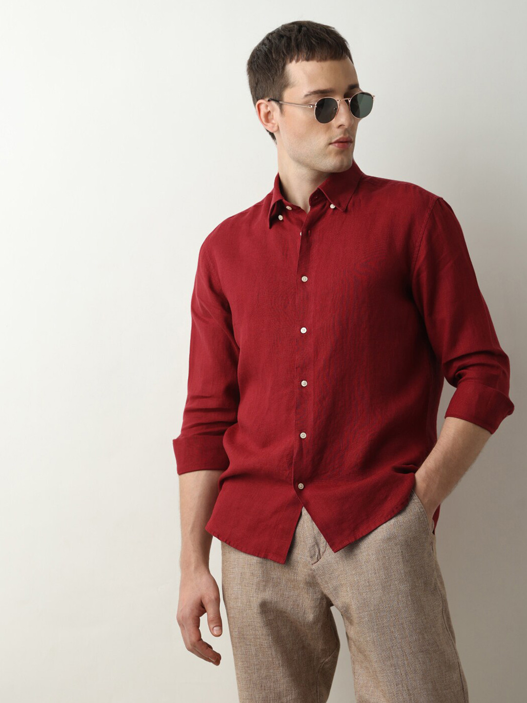 SELECTED Button-Down Collar Pure Linen Casual Shirt