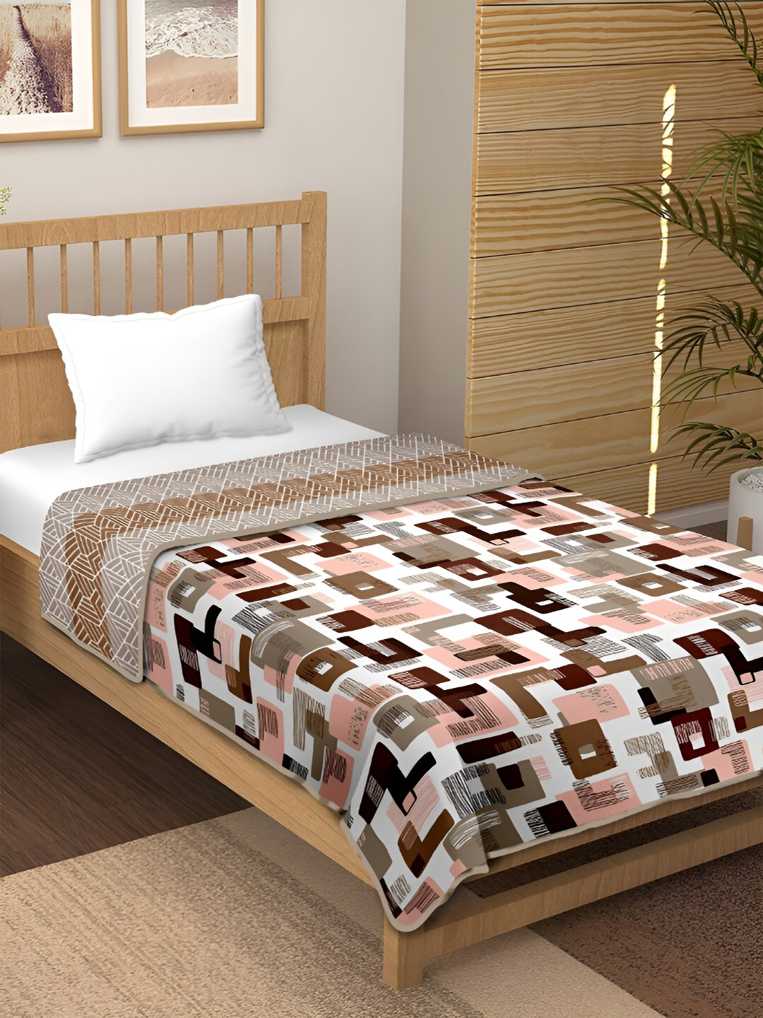 CHICERY Khaki & White Geometric 210 GSM Pure Cotton AC Room Single Bed Dohar