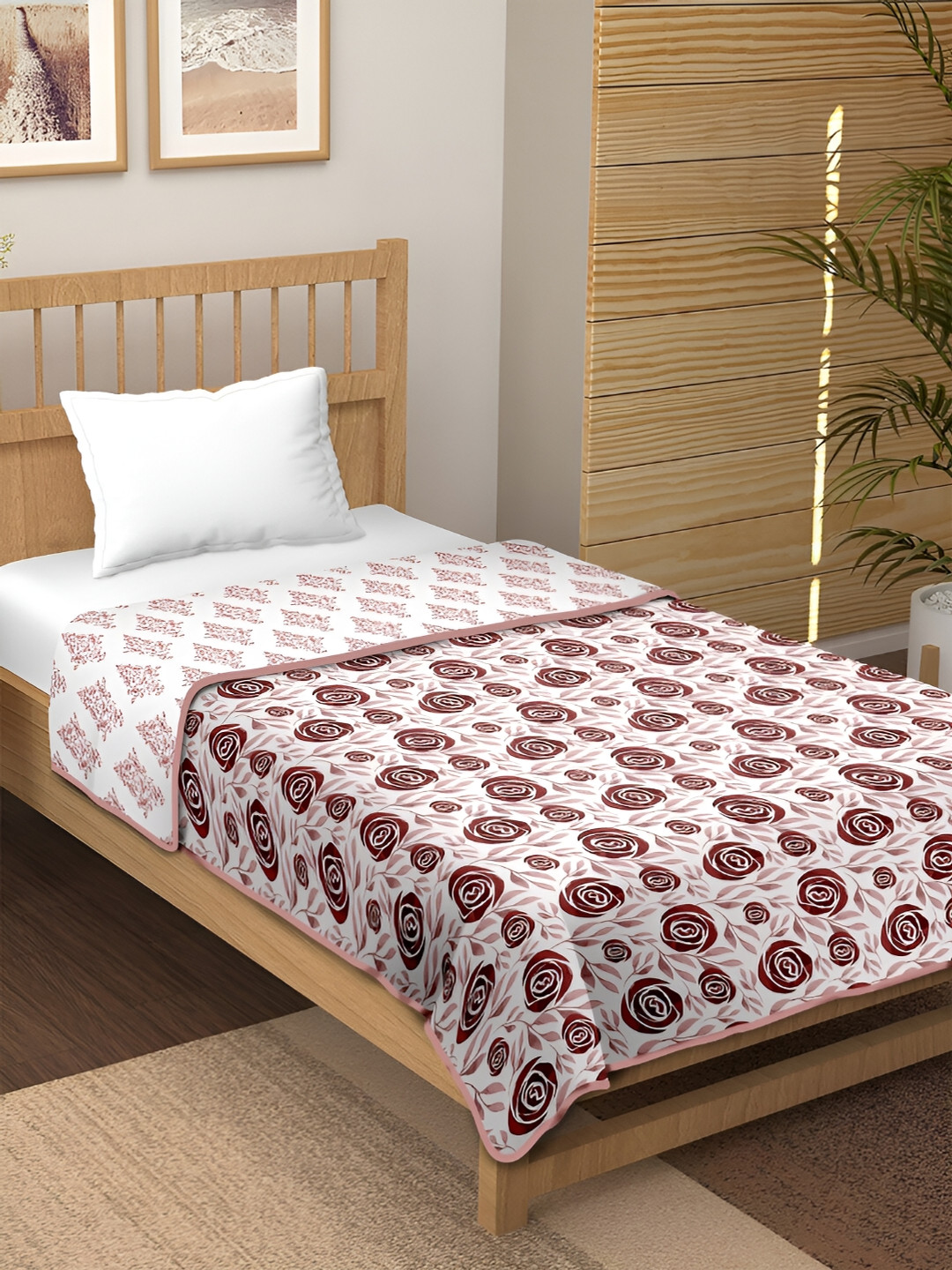 CHICERY White & Rose Floral 210 GSM Pure Cotton AC Room Single Bed Dohar
