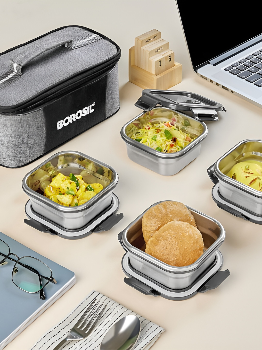 BOROSIL Black & Grey 4 pieces Stainless Steel Lunch Box  with Bag