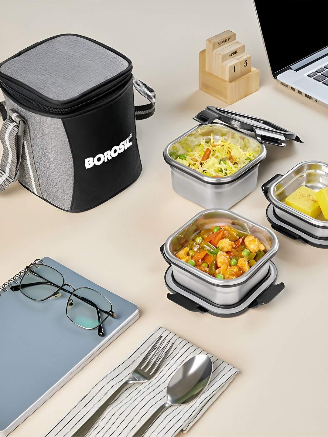 BOROSIL Black & Silver toned 3 Pieces Stainless Steel Lunch Box with Bag