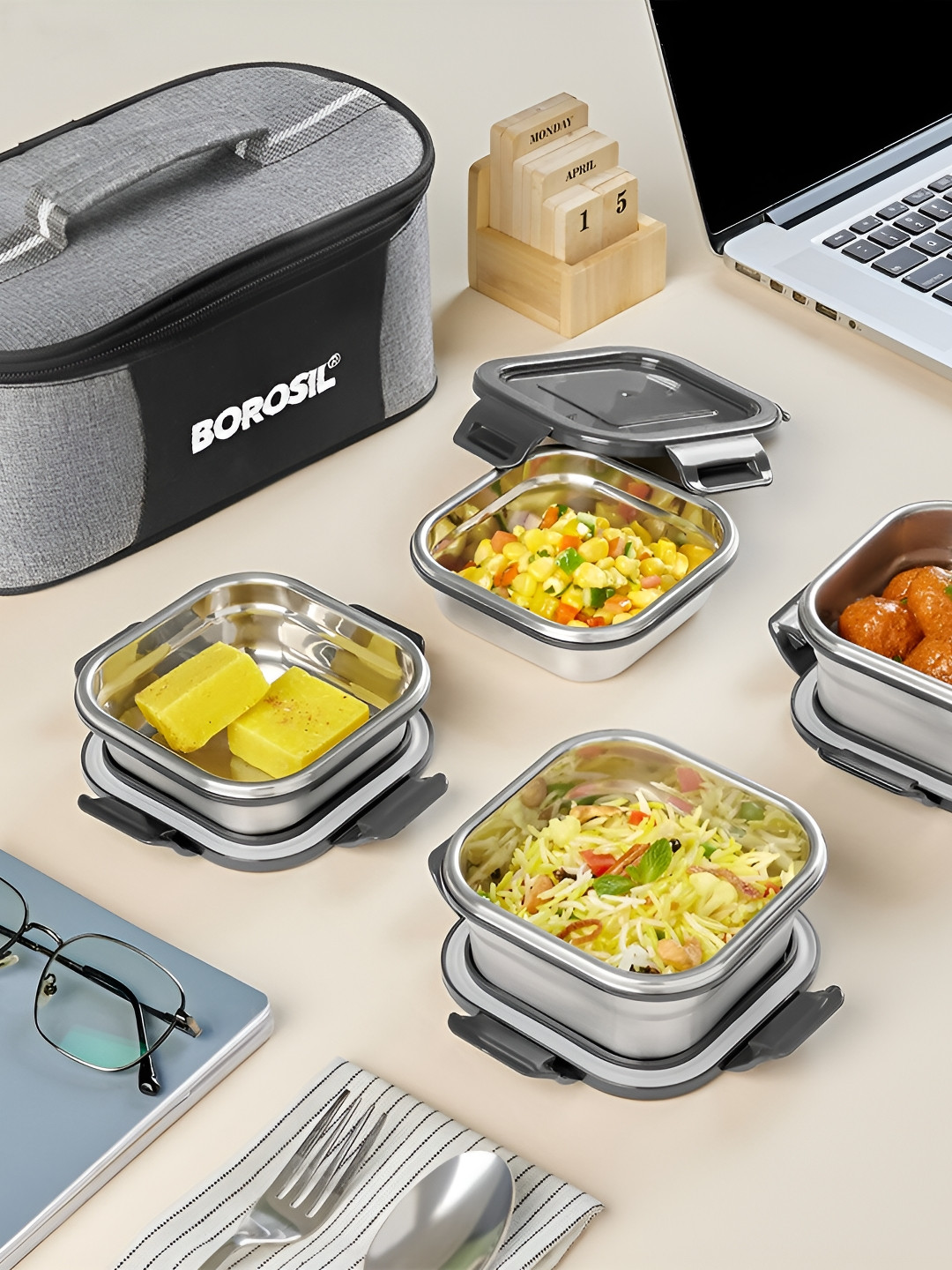 BOROSIL Black & Silver toned 4 Pieces Stainless Steel Lunch Box with Bag