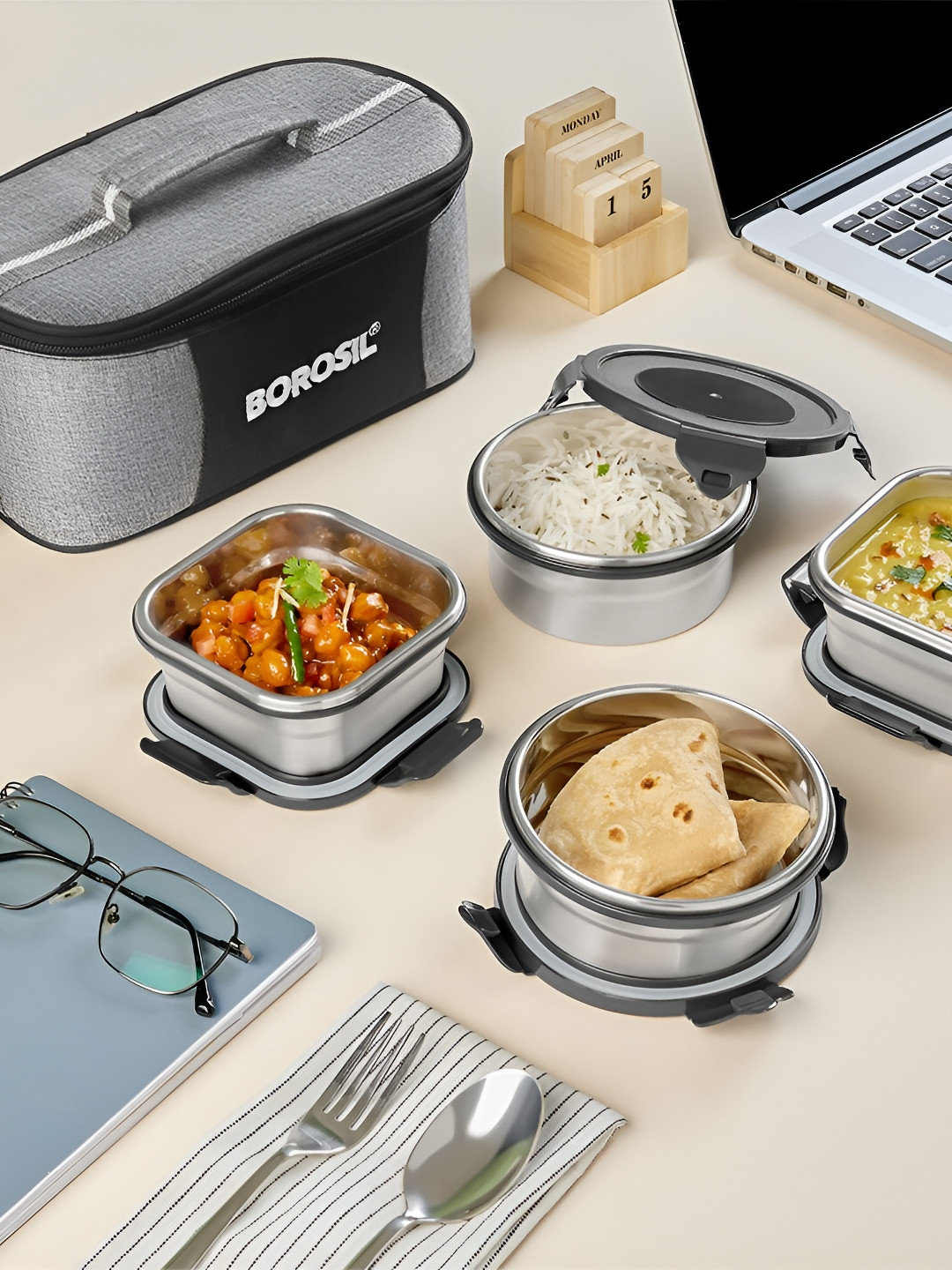 BOROSIL Black & Silver toned 4 Pieces Stainless Steel Lunch Box with Bag