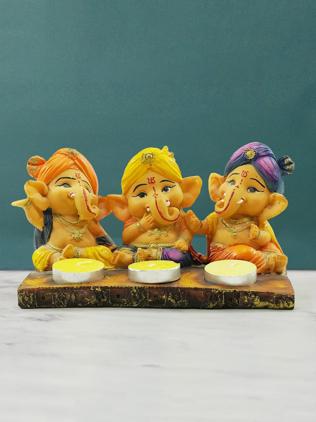 PujaNPujari Beige & Yellow Textured Tea Light Candle Holder