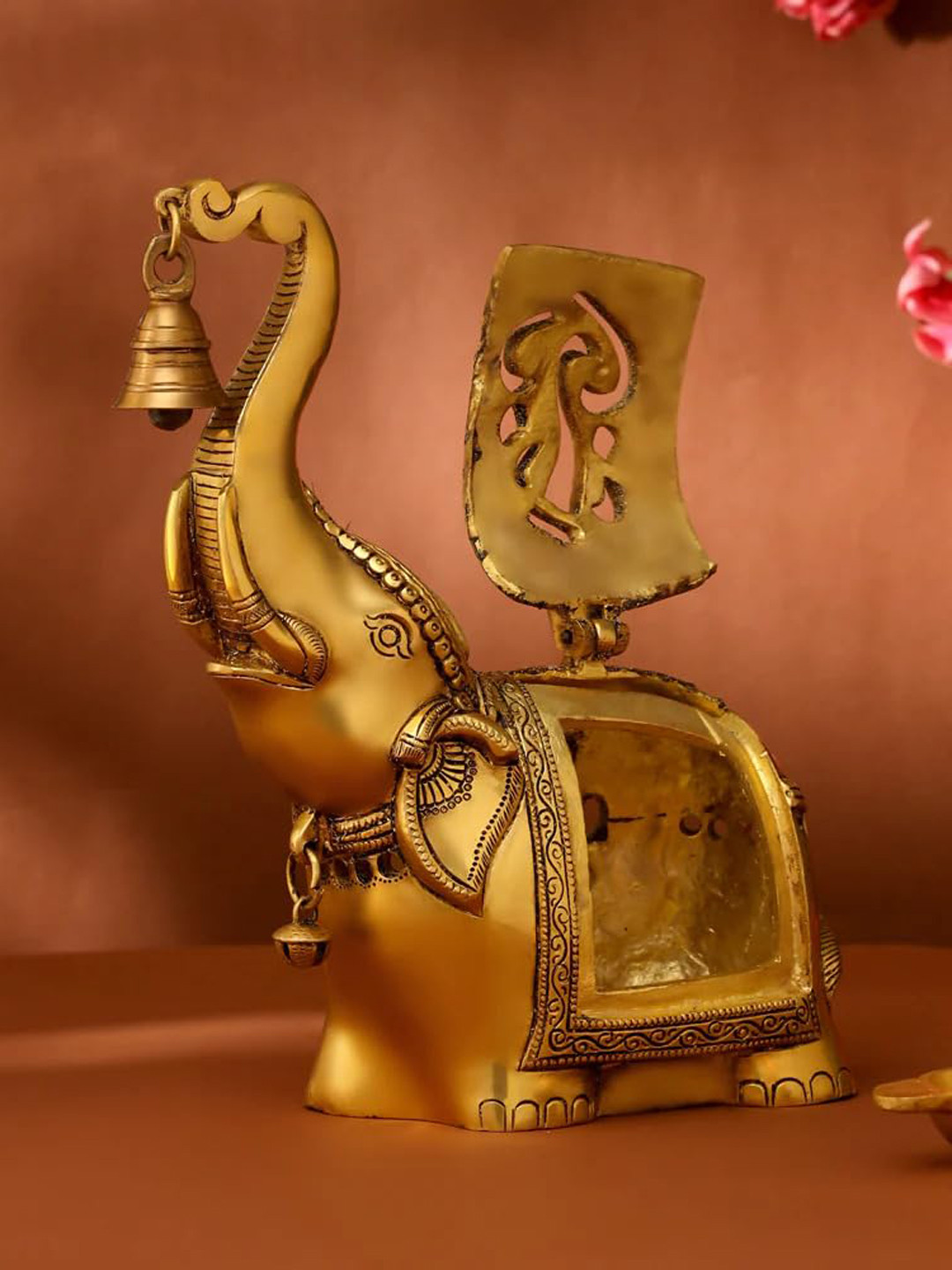 PujaNPujari Elephant Lamp with Diya Gold Brass Metallic Living Room Small Showpiece - 10.6 Inches