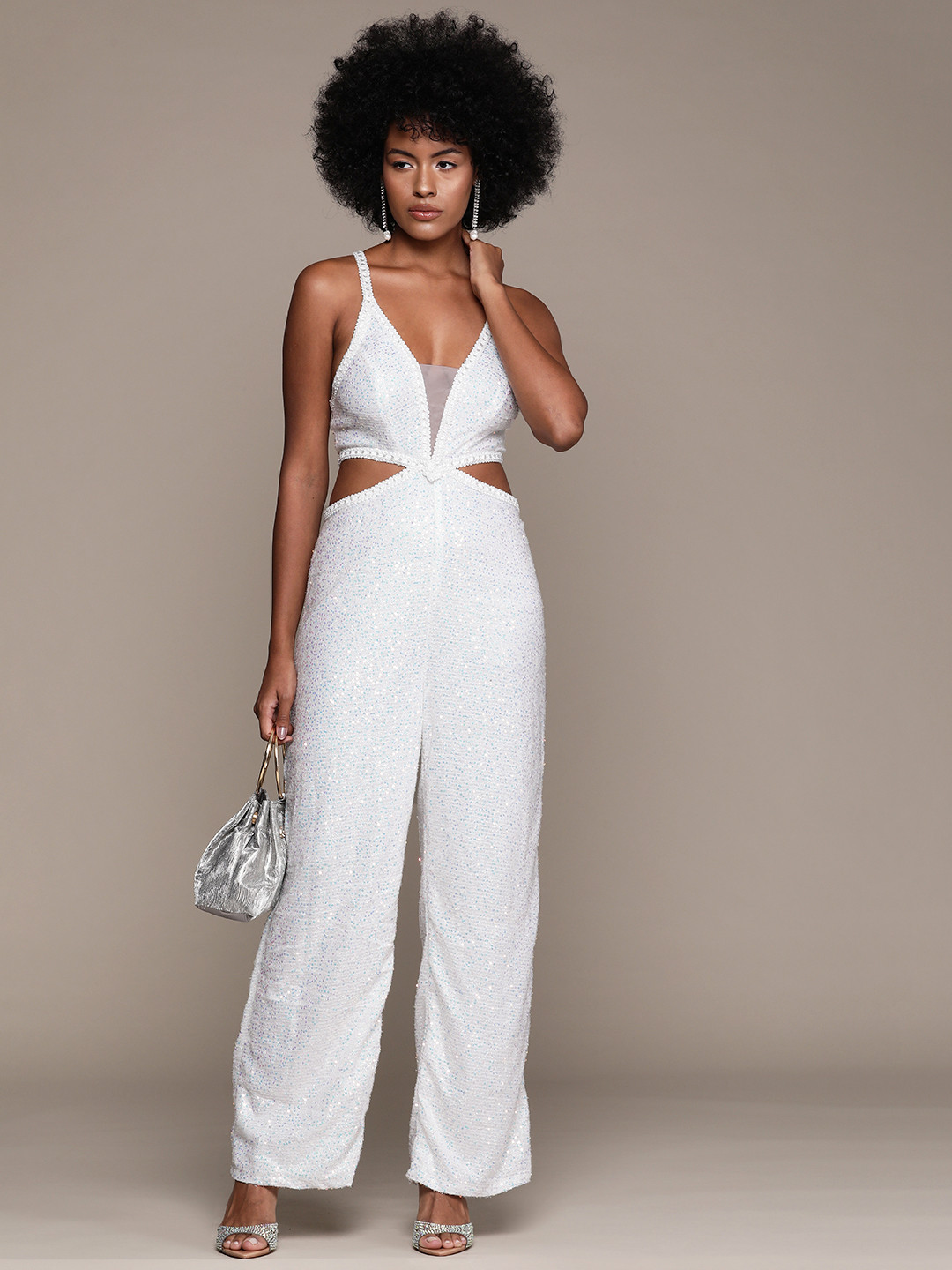 bebe Women White Future Glam Cut-Out Sequinned Jumpsuit