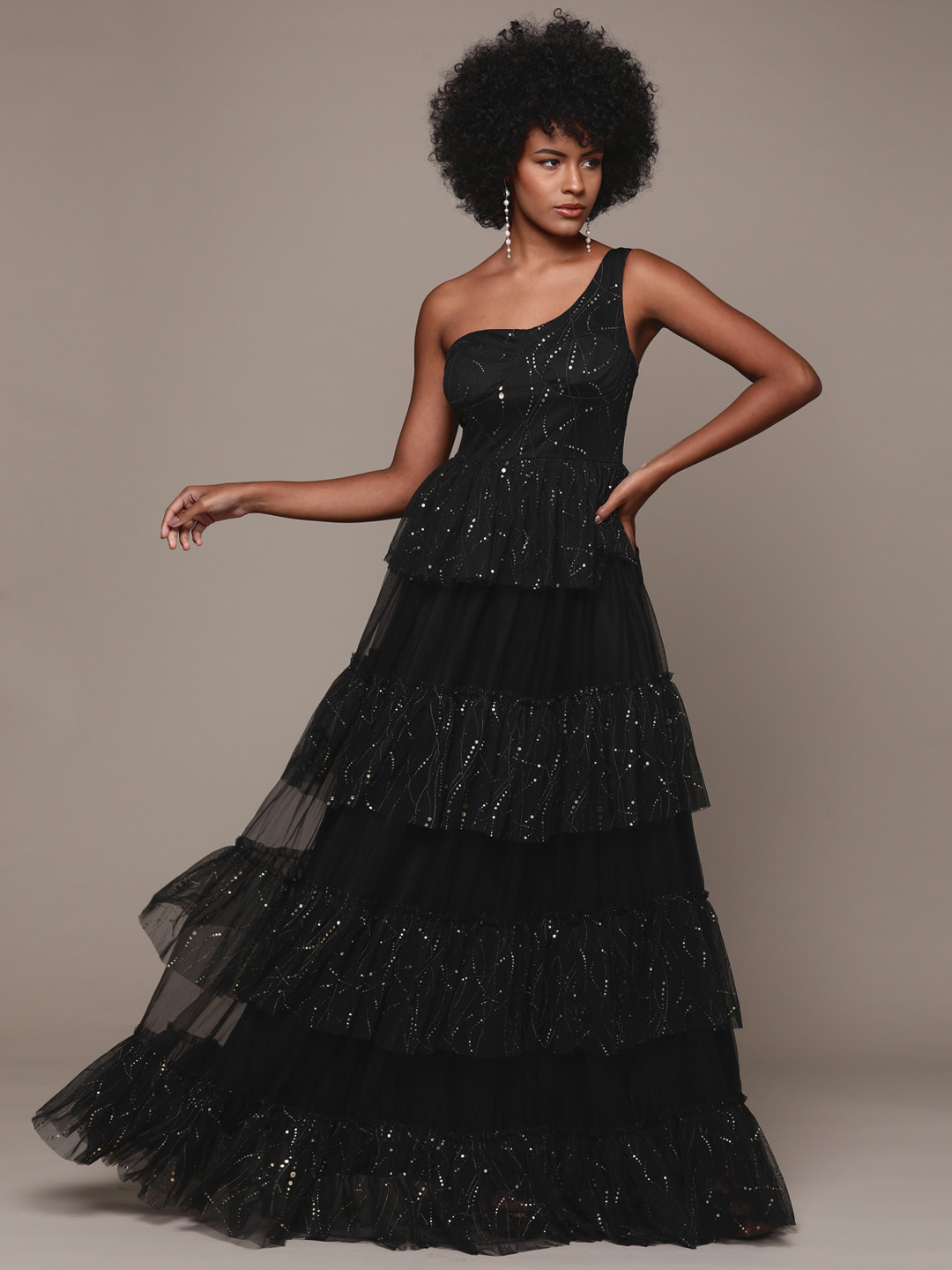 bebe Party Embellished One Shoulder Ruffled Tiered A-Line Maxi Dress