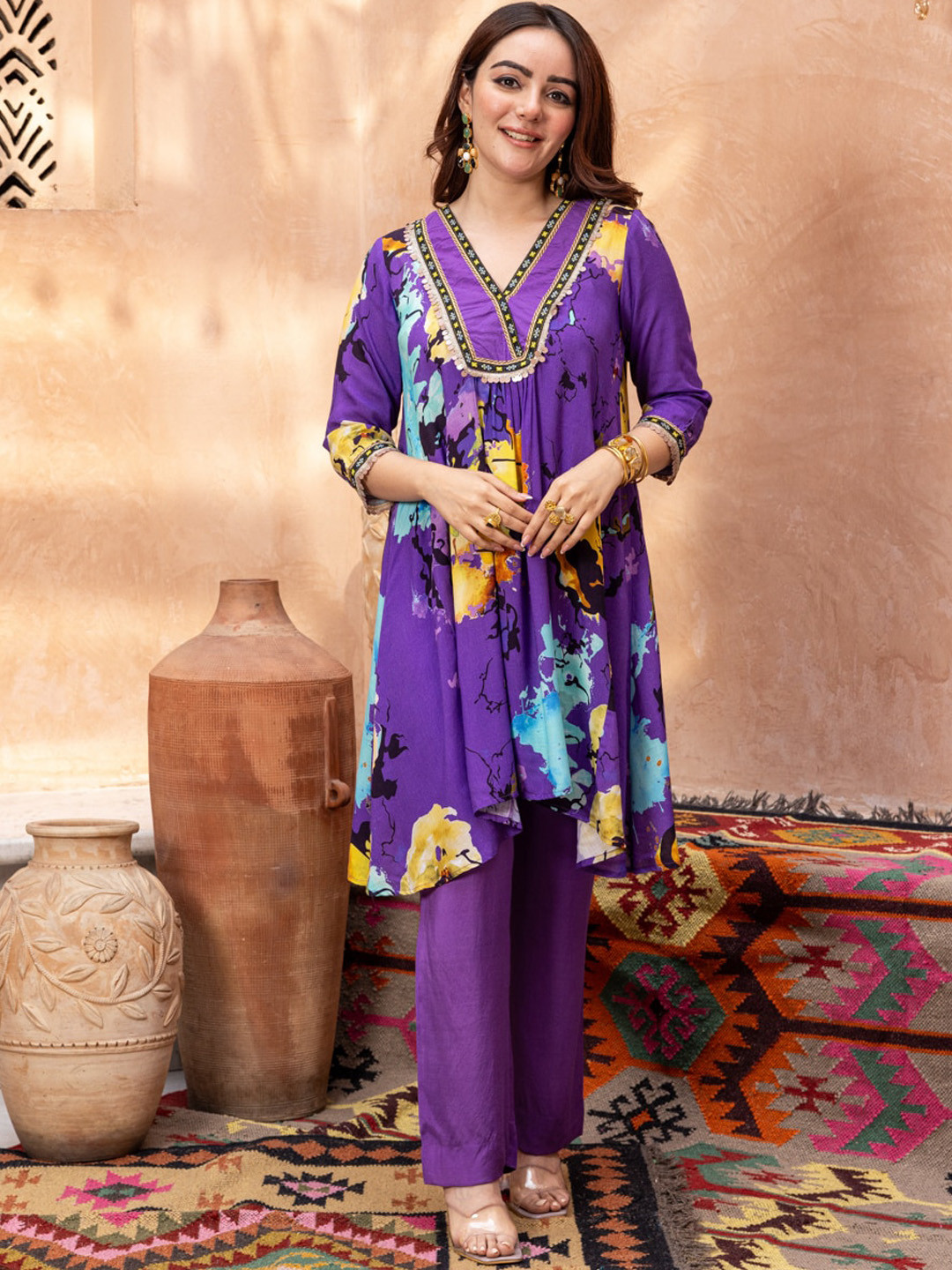 Ambraee Purple Floral Printed A-Line Kurta With Trouser Set