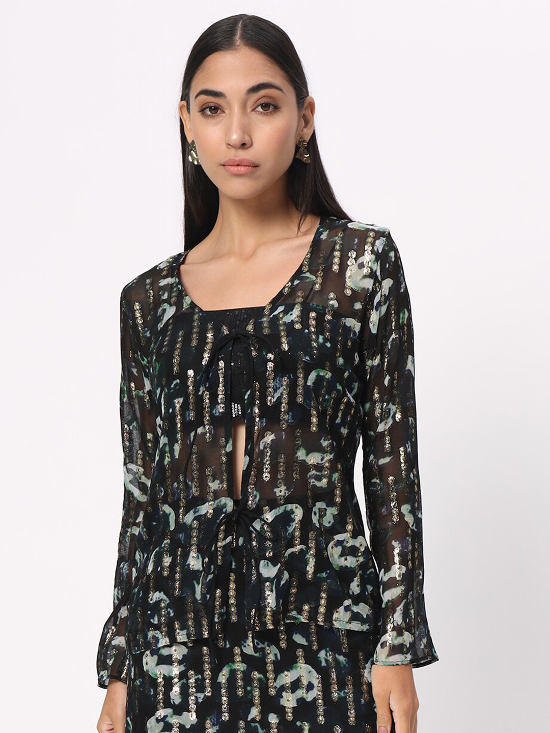 DEPANO Animal Print Georgette Round Neck Long Sleeves Sheer Party Top