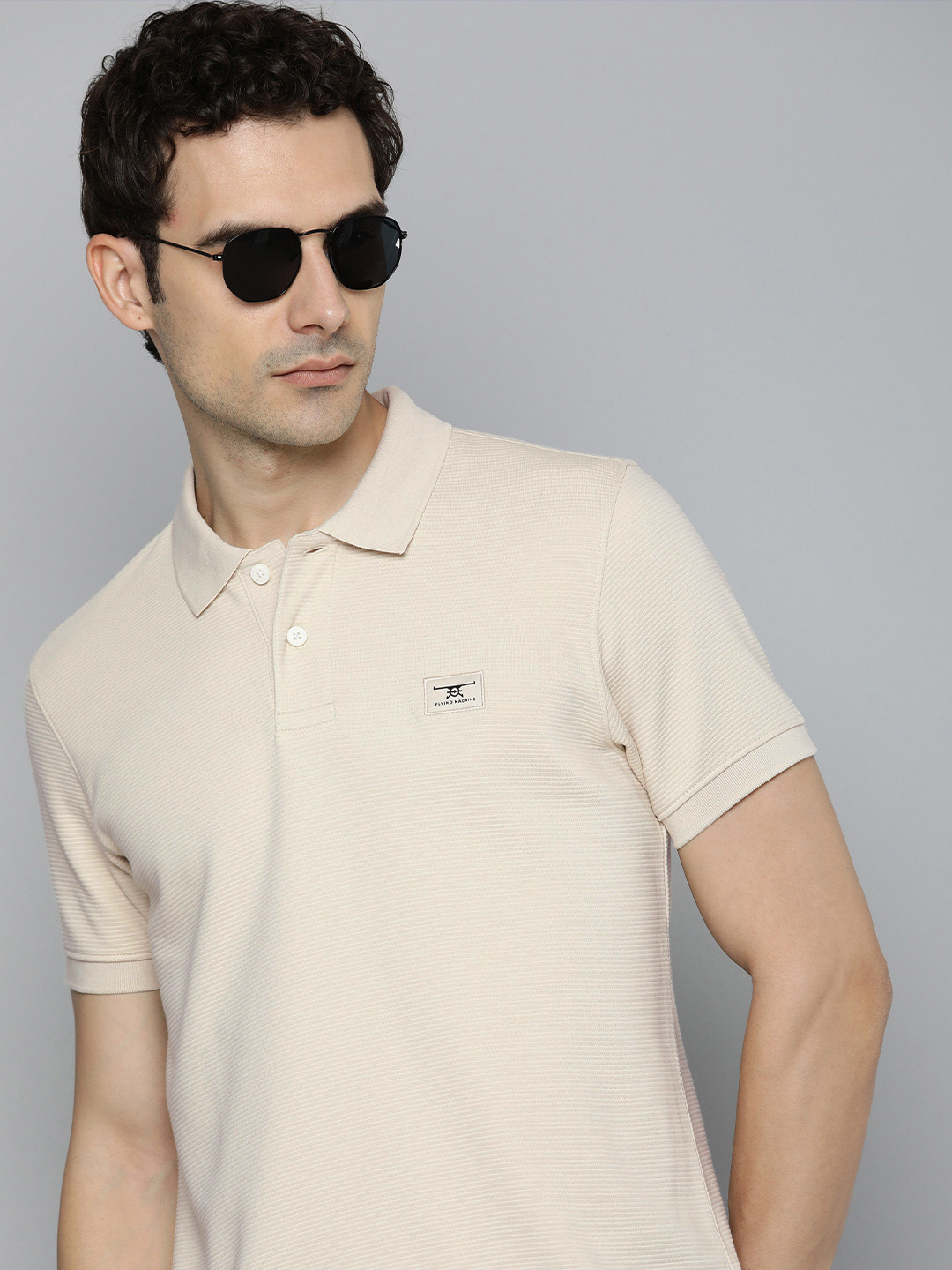 Flying Machine Self Striped Polo Collar Casual T-shirt