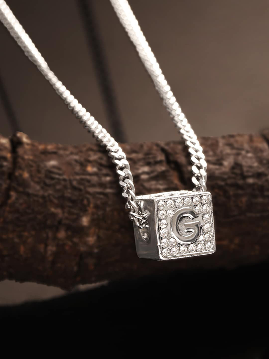 The Roadster Lifestyle Co Men Silver-Toned American Diamond-Studded Pendant With Chain