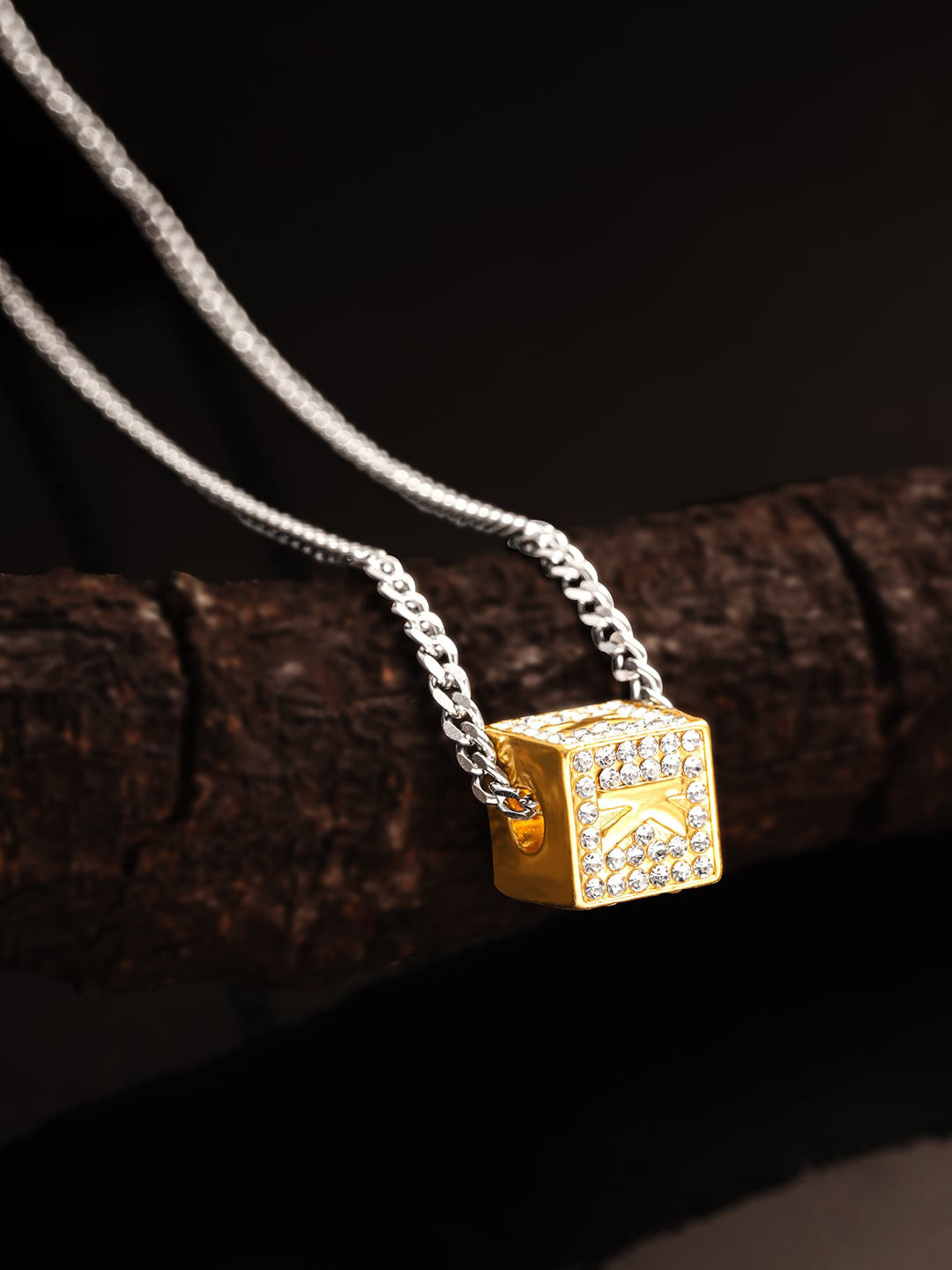 The Roadster Lifestyle Co Men Silver-Toned Stone Studded K Letter Cubic Pendant With Chain