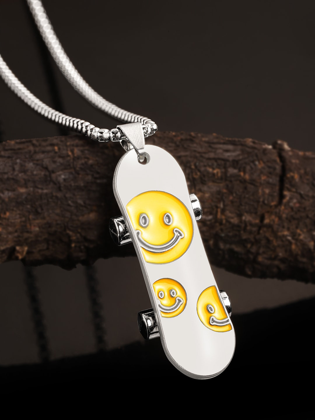 The Roadster Lifestyle Co. Silver Tone Men Yellow Enamel Smiley Faces Pendant With Chains