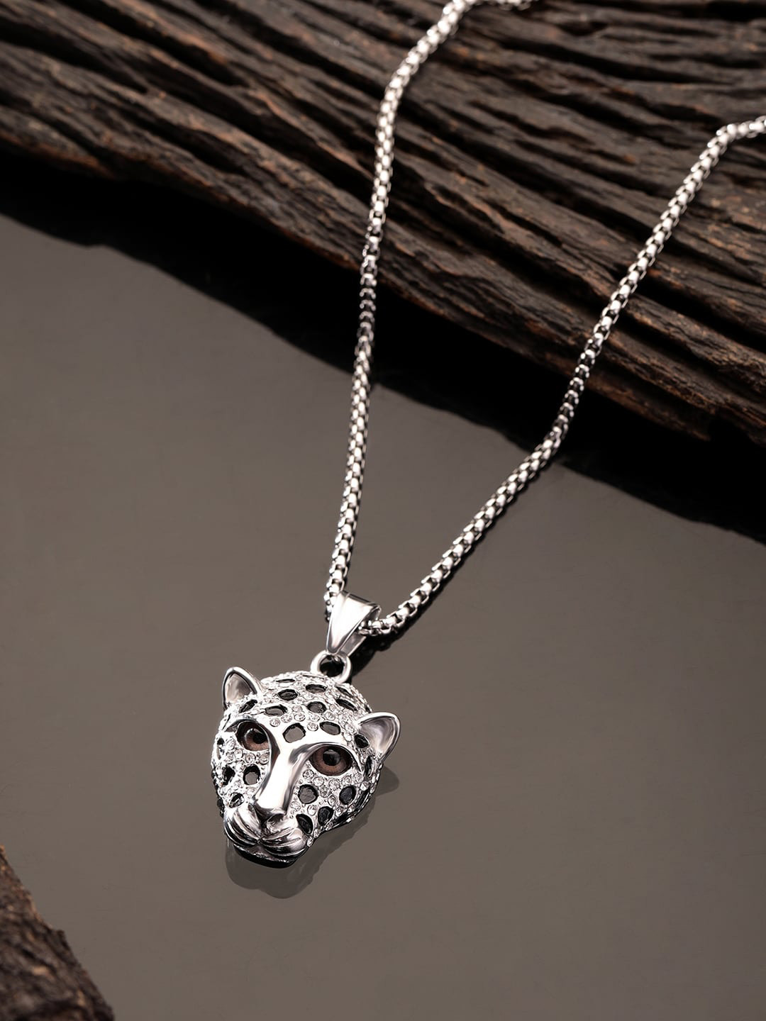 The Roadster Lifestyle Co. Silver-Plated American Diamond-Studded Panther Pendant & Chain