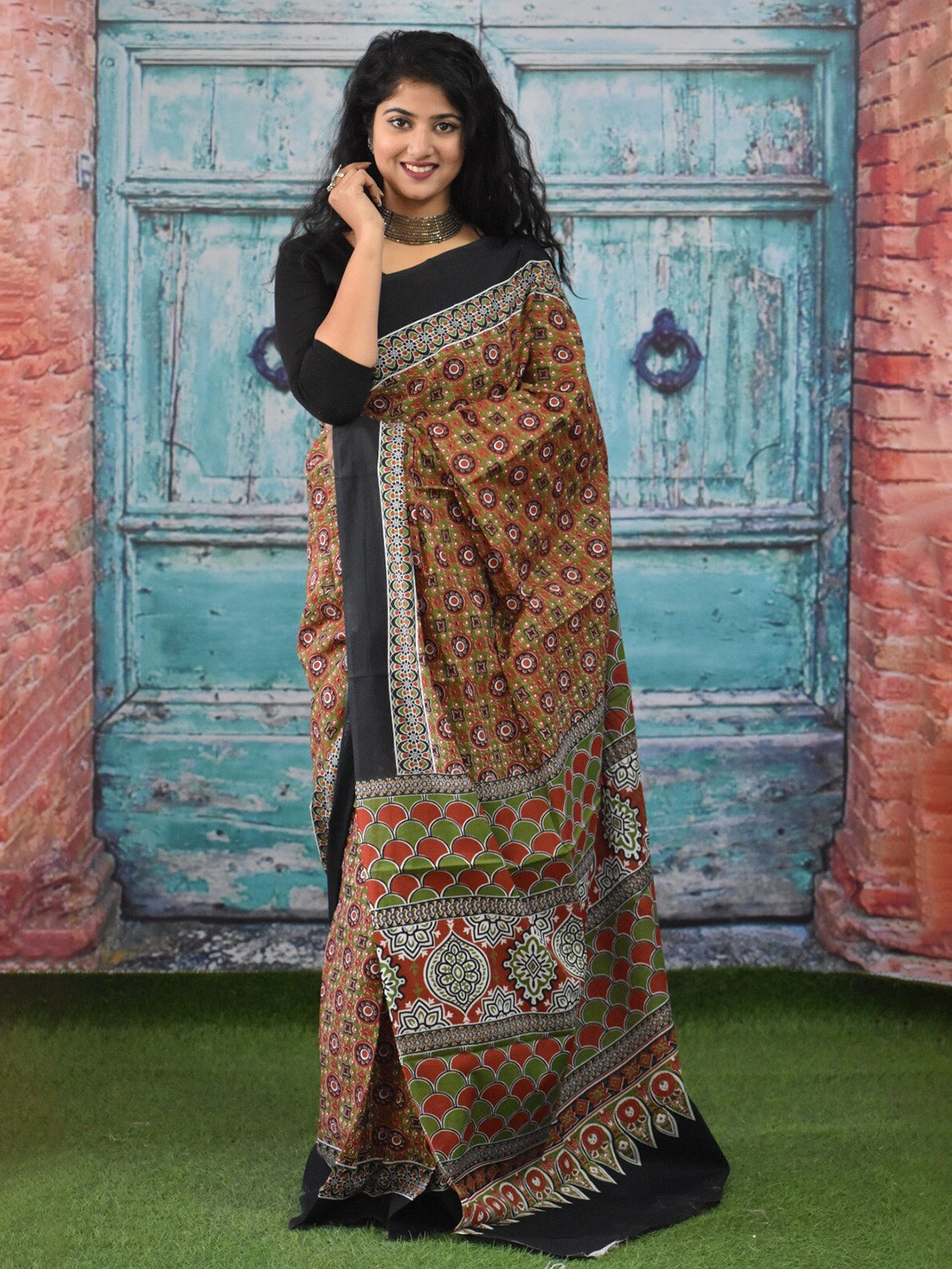 JALTHER Ajrak Printed Pure Cotton Block Print Saree