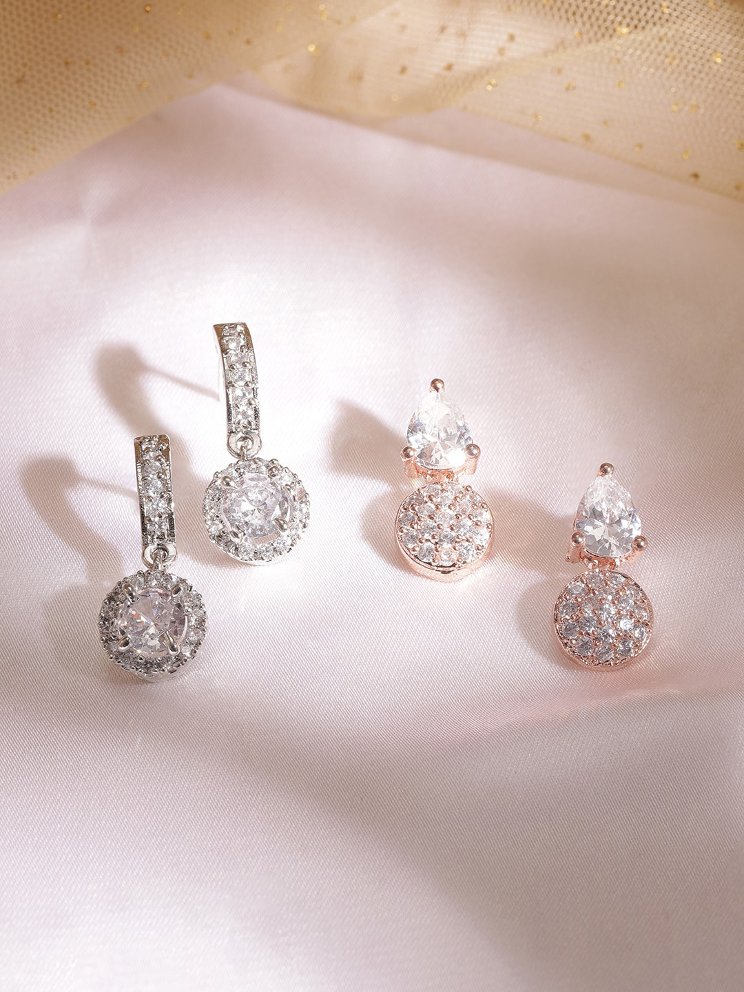 Rubans Women Rose Gold And Silver Plated Zirconia Studded Set Of 2 Drop Earrings