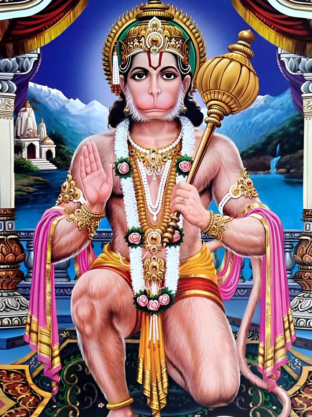 British Terminal Blue & Beige Lord Hanuman Ji Religious Wall Poster