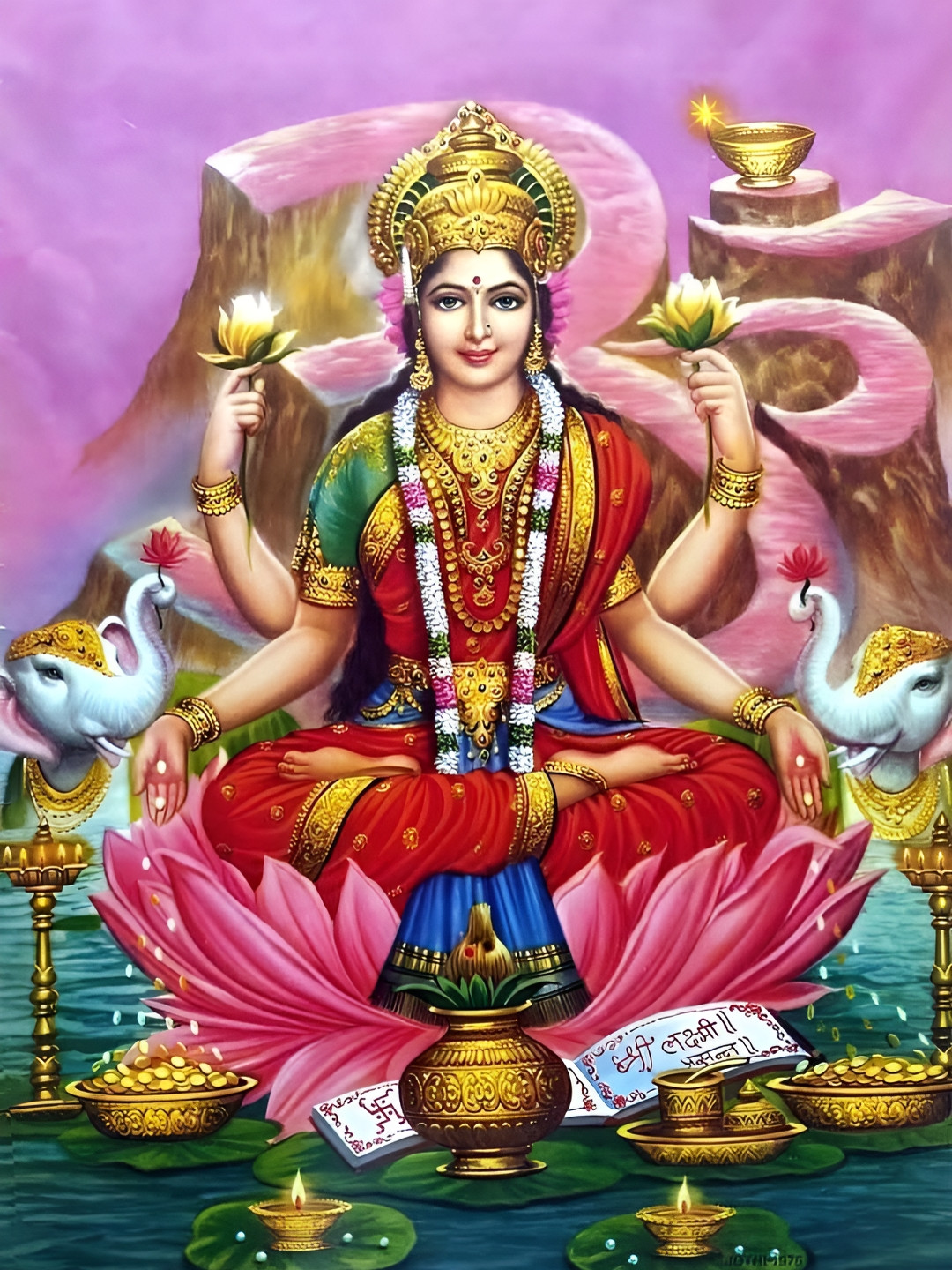British Terminal Red & Gold Toned Goddess Lakshmi Maa Religious Wall Poster