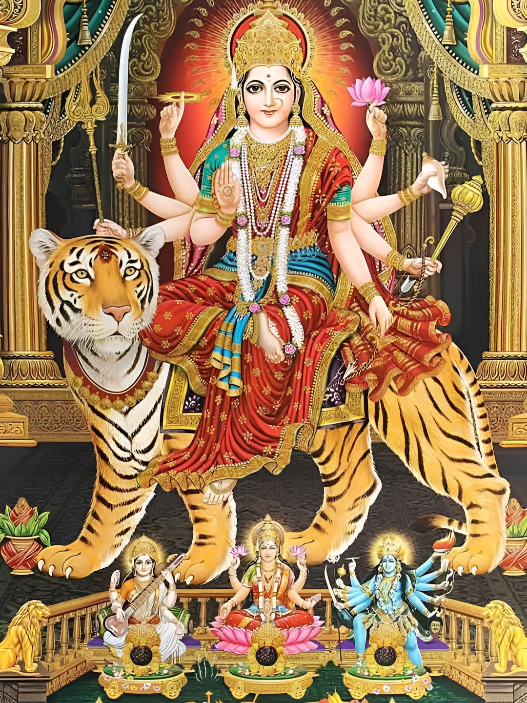 British Terminal Red & Gold Toned Durga Maa Religious Wall Poster