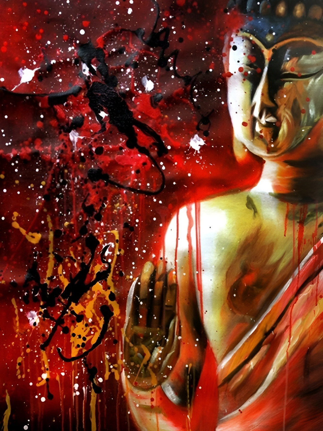 British Terminal Red & Gold-Toned Buddha Religious Wall Poster
