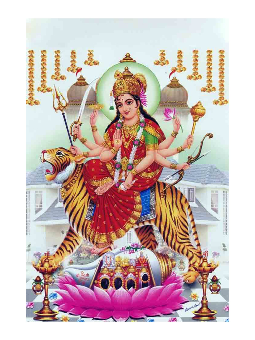 British Terminal Red & Yellow Goddess Durga Mata Religious Wall Poster