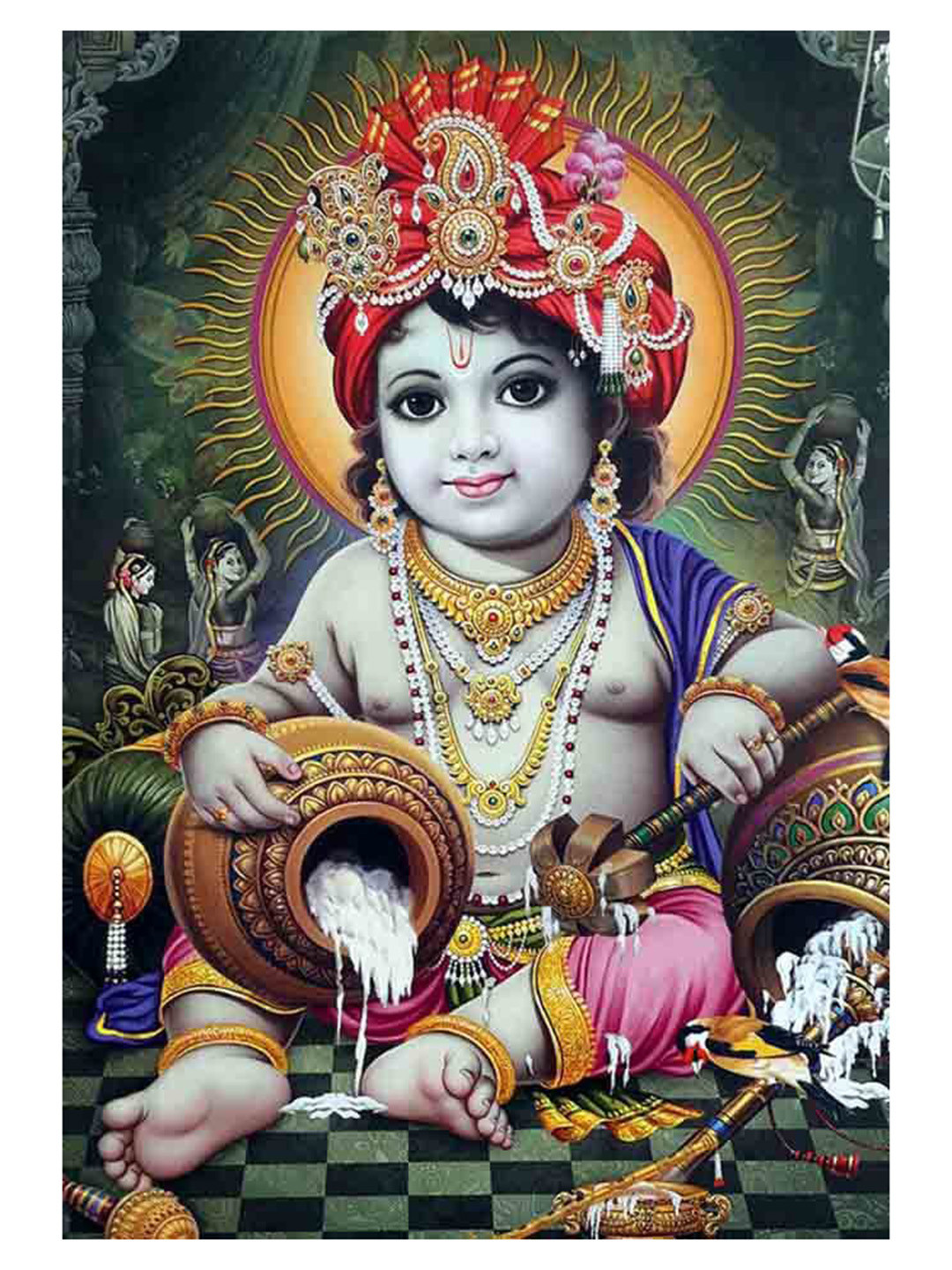 British Terminal Green & Pink Lord Krishna Religious Wall Poster