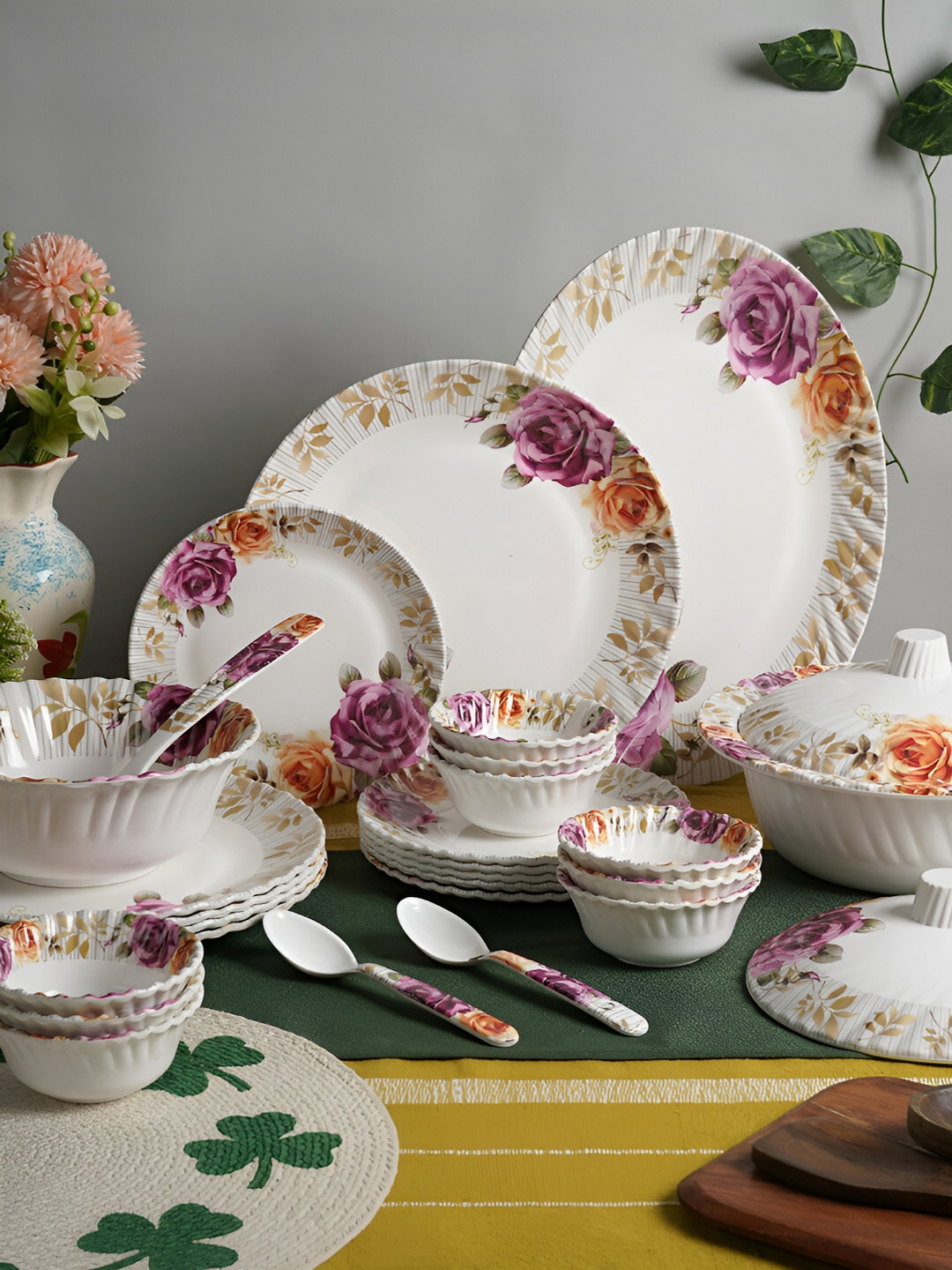 Aura White Floral Melamine Microwave Safe 44 Piece Dinner Set