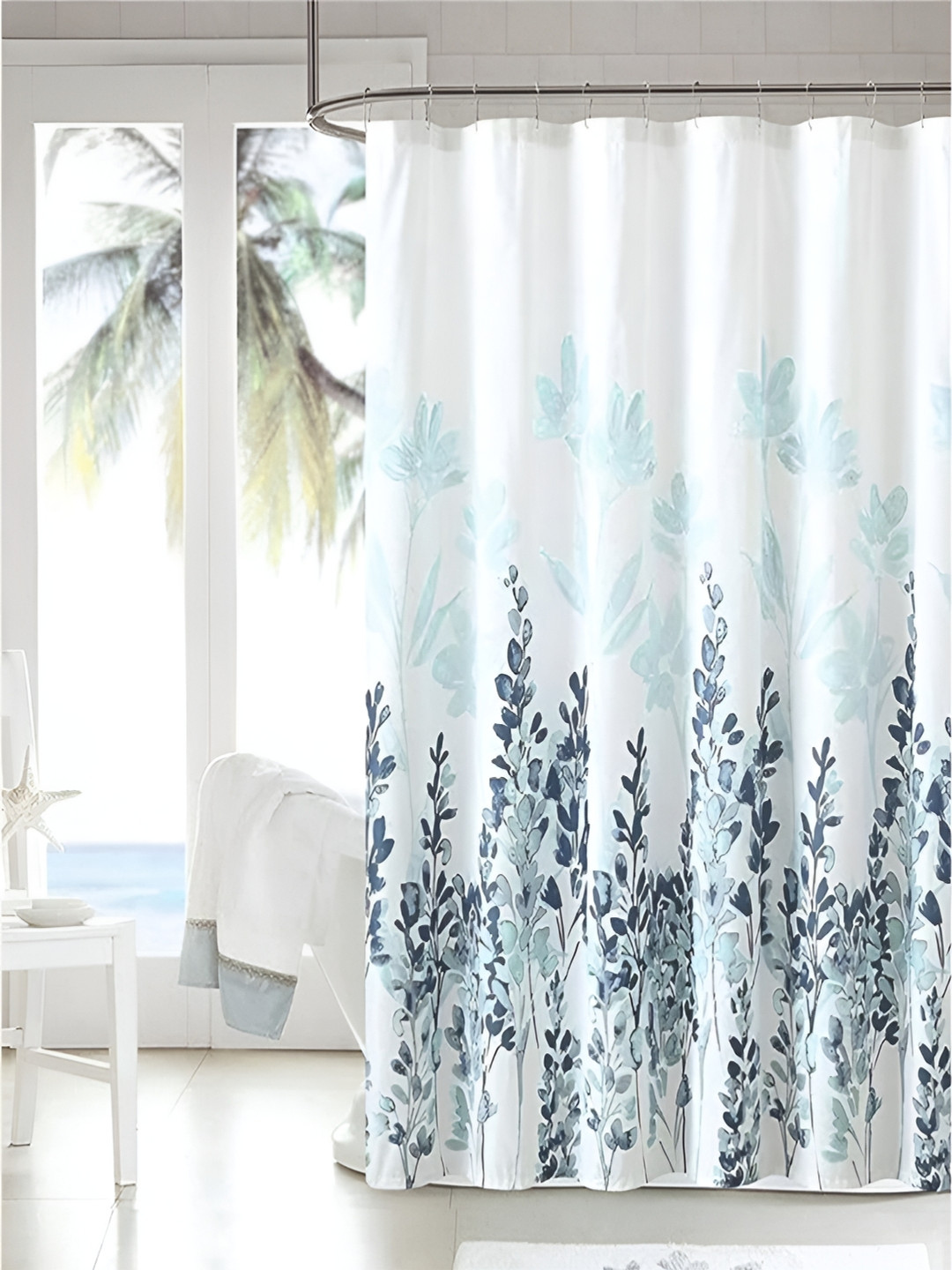 homewards White & Blue Printed Water Resistant Shower Curtains