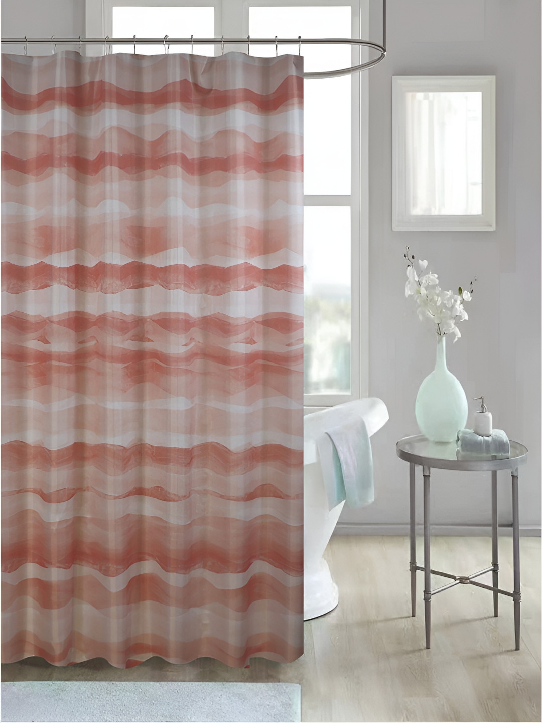 homewards White & Peach Printed Waterproof Shower Curtains
