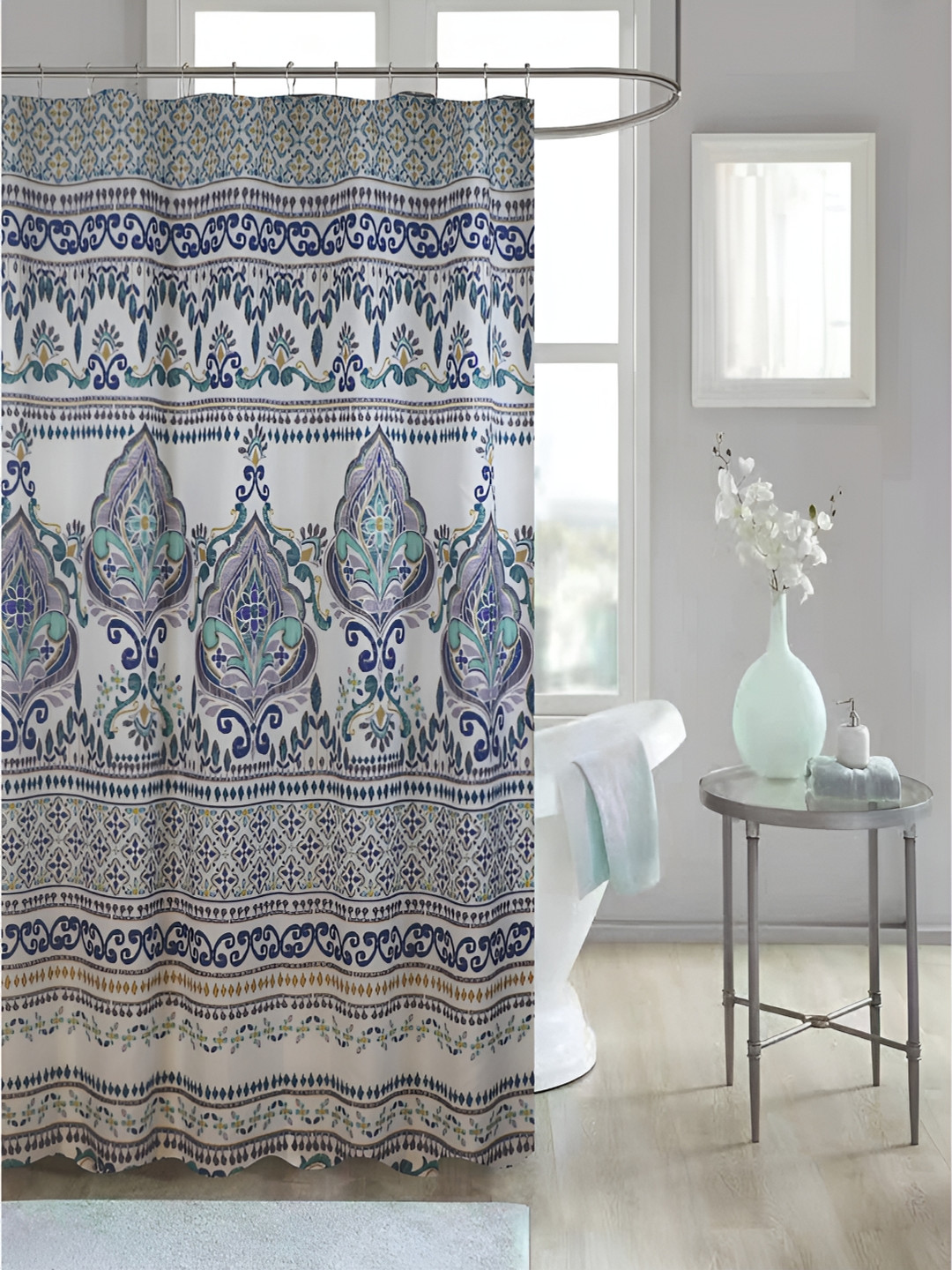 homewards Off White & Black Printed Waterproof Shower Curtains