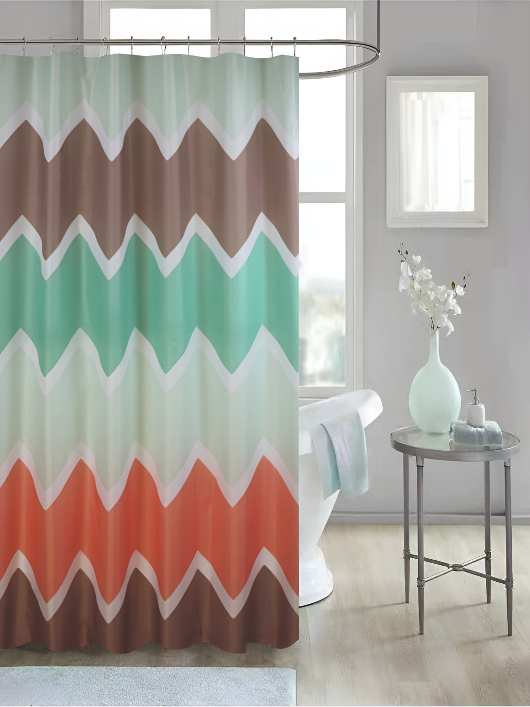 homewards White & Green 13 Pieces Printed Waterproof Shower Curtains With Hooks