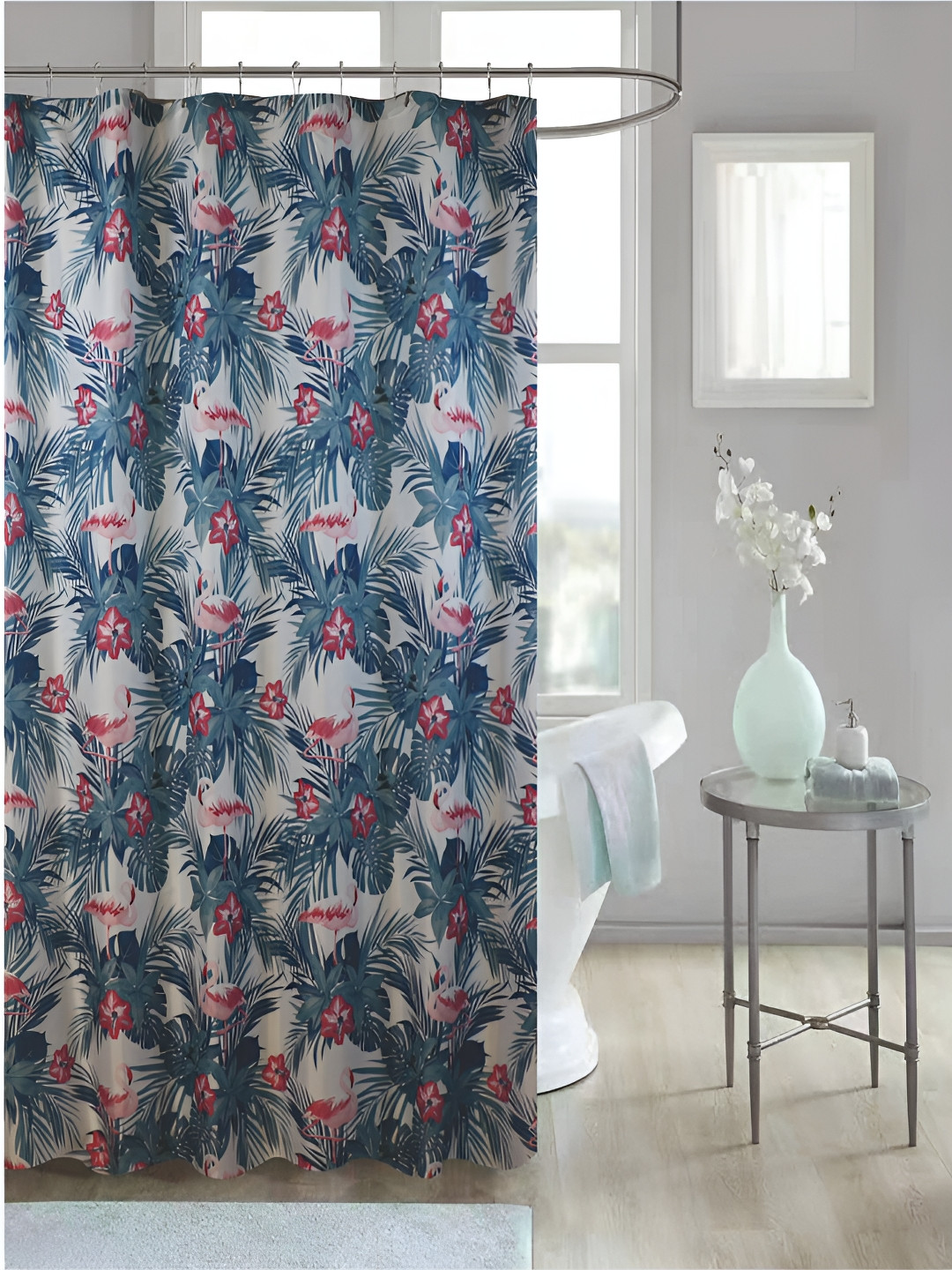 homewards Green & Beige 13 Pieces Printed Waterproof Shower Curtains With Hooks