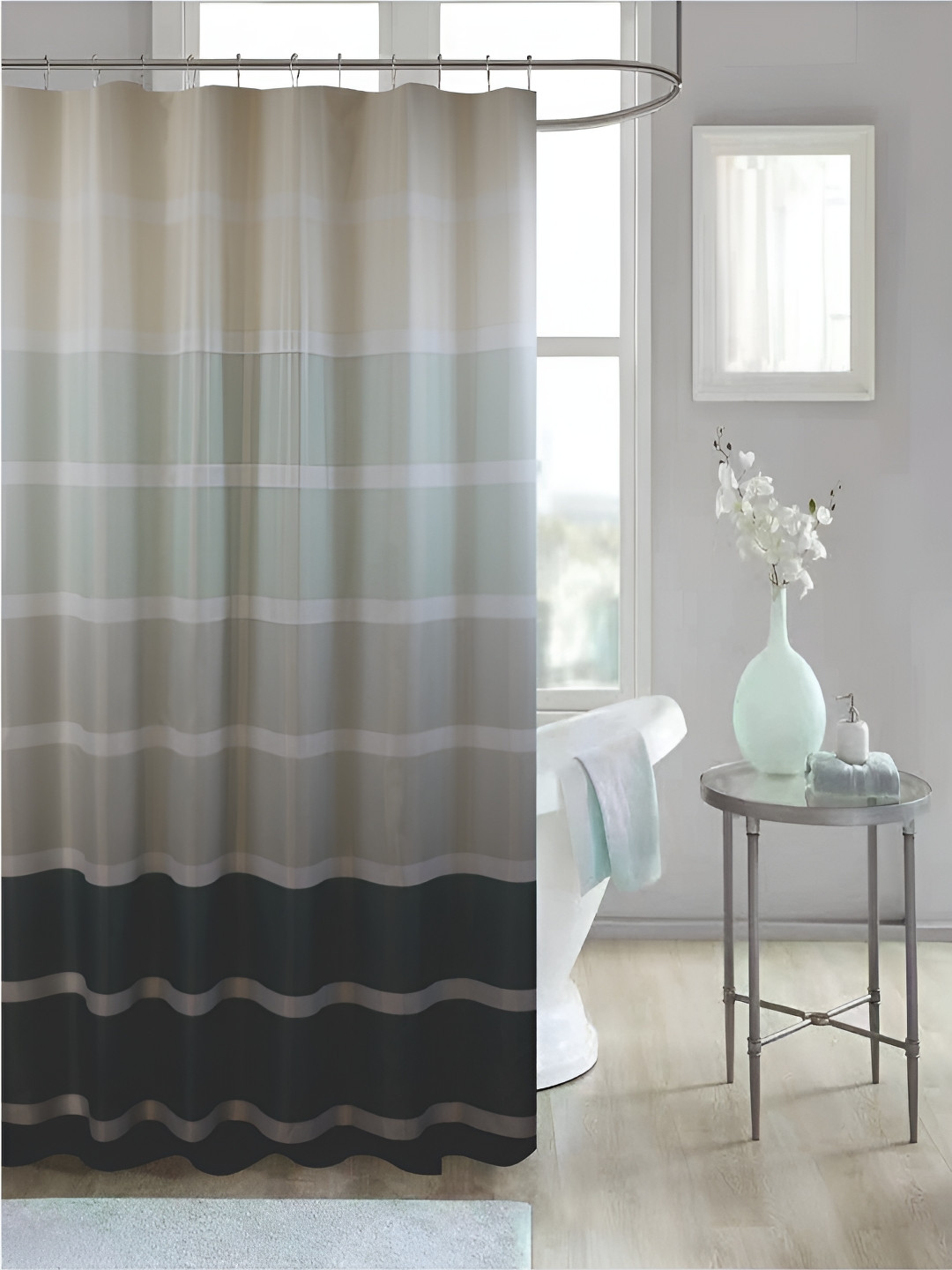 homewards Beige & Green 13 Pieces Striped Waterproof Shower Curtains With Hooks
