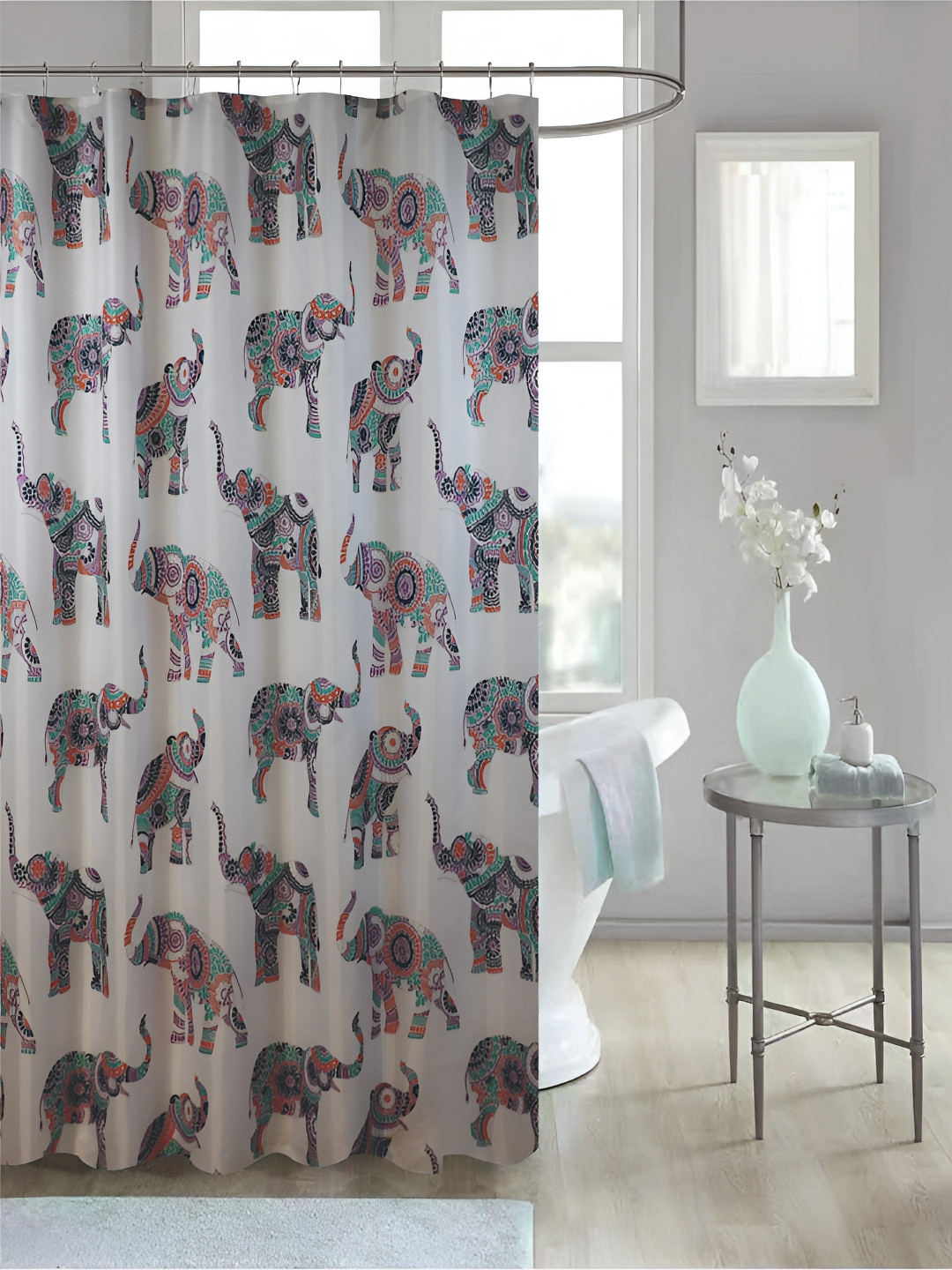 homewards White & Purple 13 Pieces Printed Waterproof Shower Curtains With Hooks