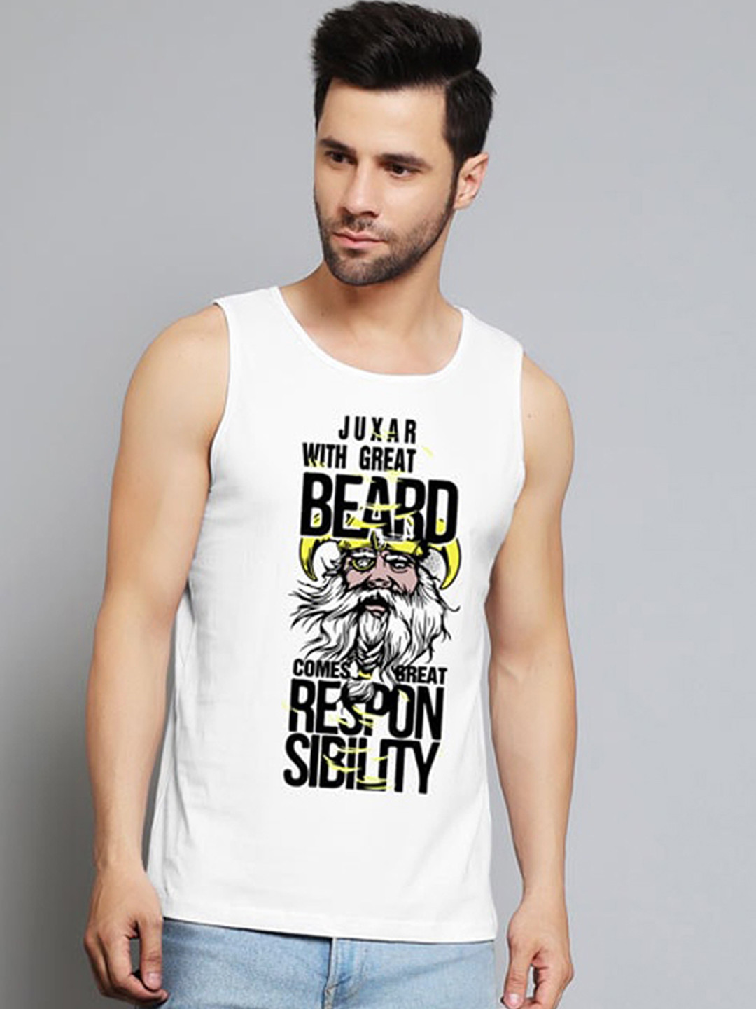 Juxar Printed Cotton Sports Wear & Gym Wear Innerwear Vests JXR-001SAN-WH-XS