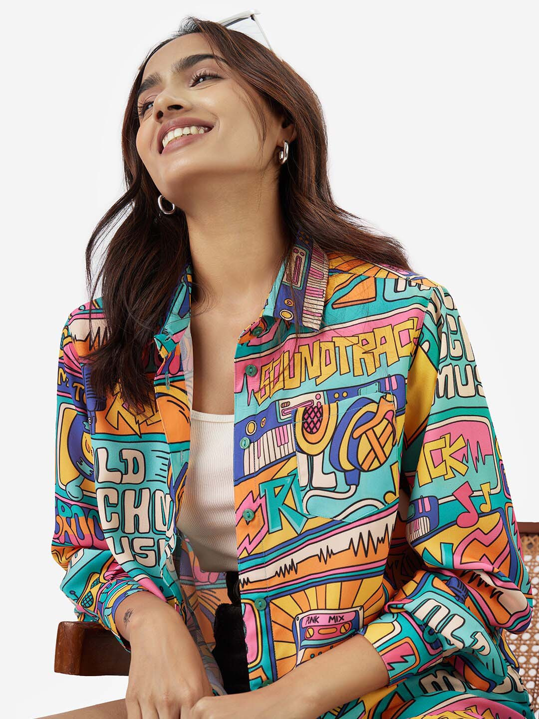The Souled Store Women Musical Vibe Multicolor Oversized Fit Boyfriend Shirt