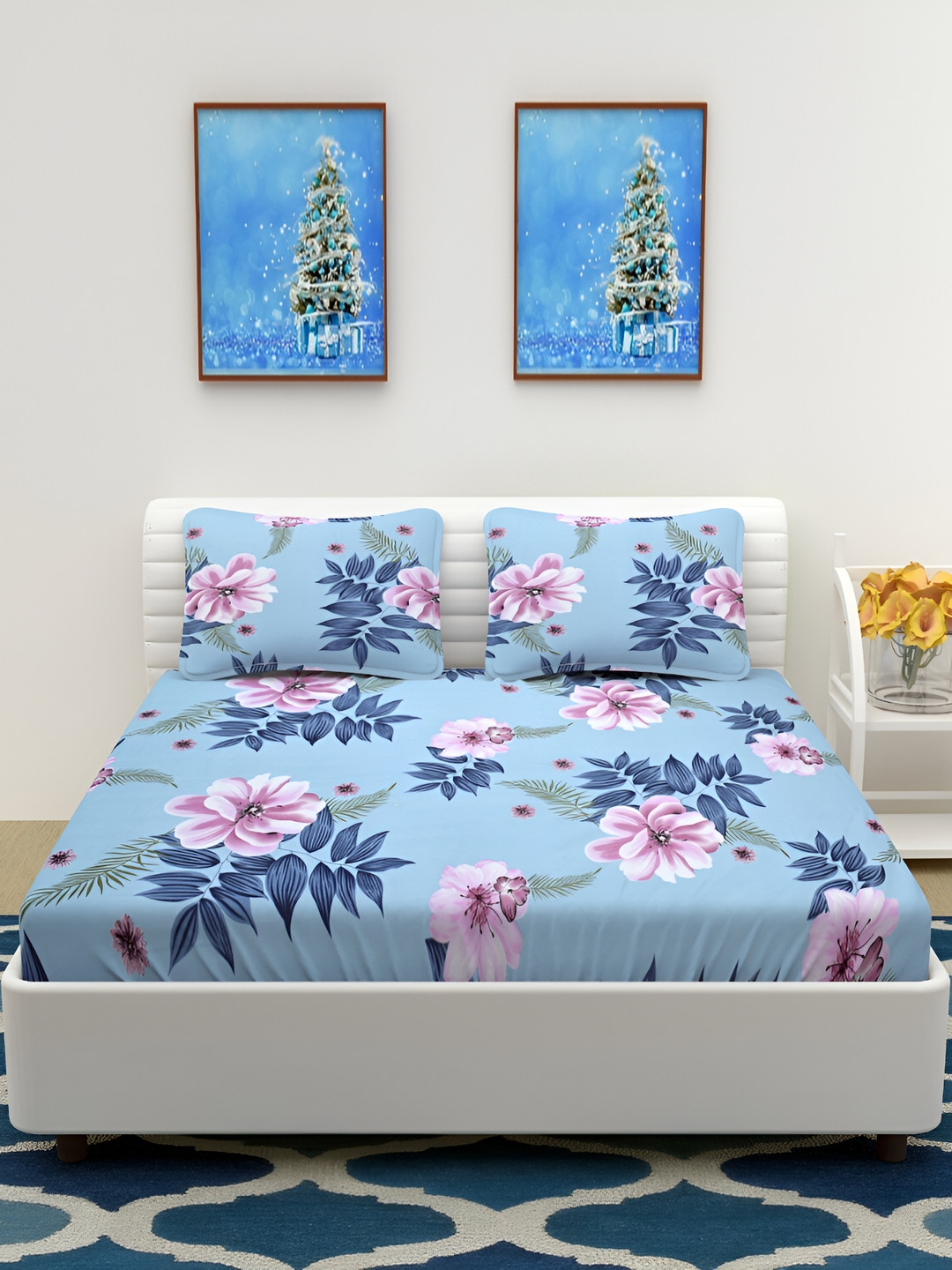 RIDHAAN Blue Floral Polycotton 300 TC Queen Fine Bedsheet with 2 Pillow Covers-90 x 100 cm