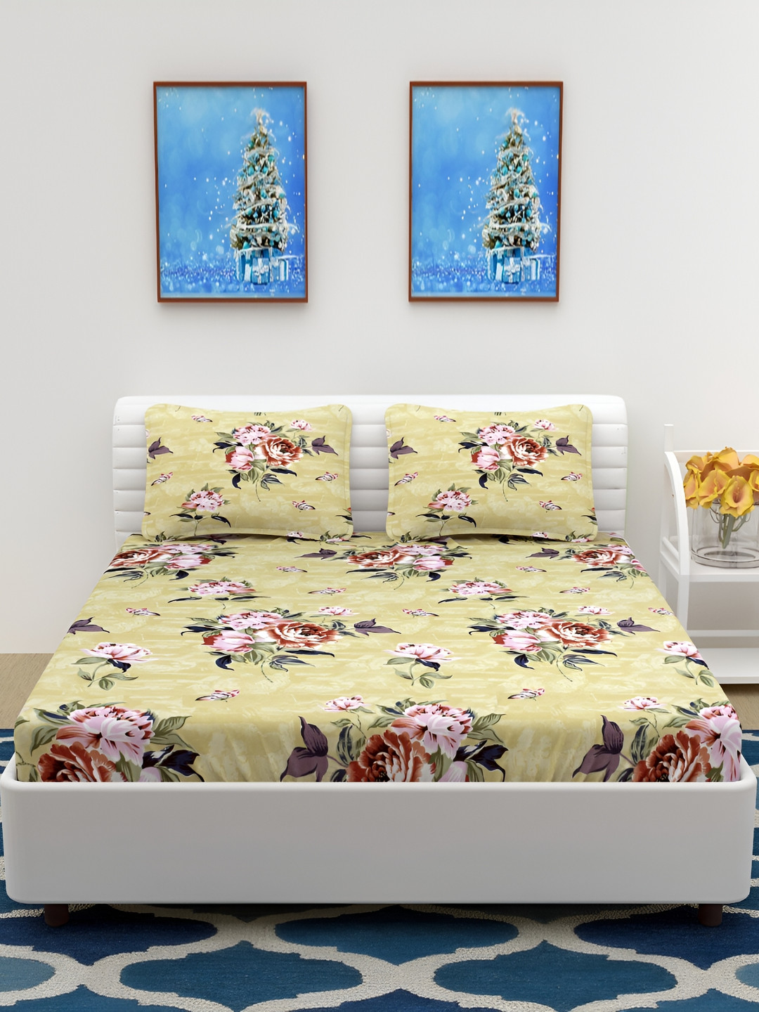 RIDHAAN Mustard Floral Polycotton 300 TC Queen Fine Bedsheet with 2 Pillow Covers-35 x 39 inches
