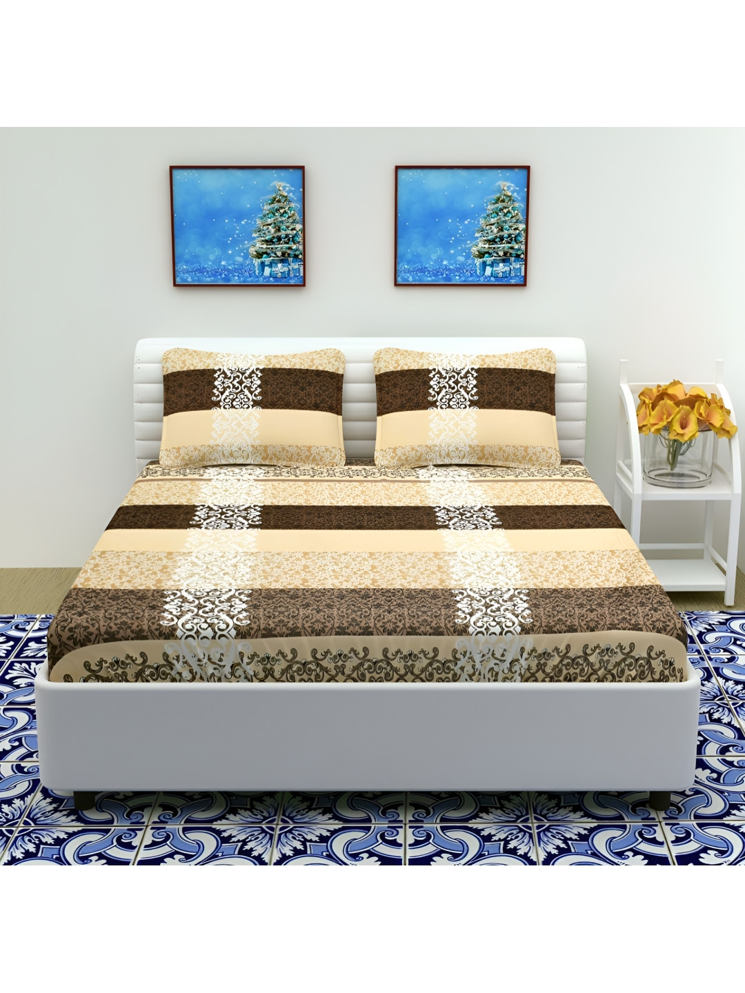RIDHAAN Beige Ethnic Motifs Polycotton 300 TC Queen Fine Bedsheet with 2 Pillow Covers-35 x 39 inches