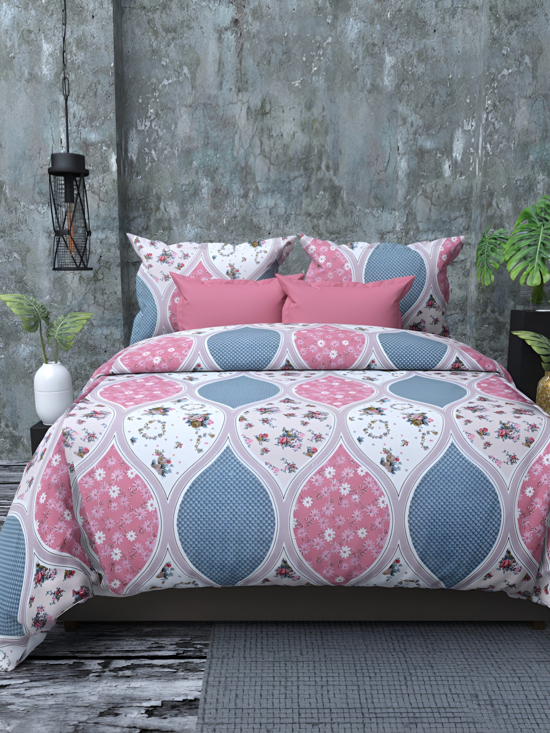 RIDHAAN Pink Ethnic Motifs Polycotton 300 TC Queen Fine Bedsheet with 2 Pillow Covers-35 x 39 inches