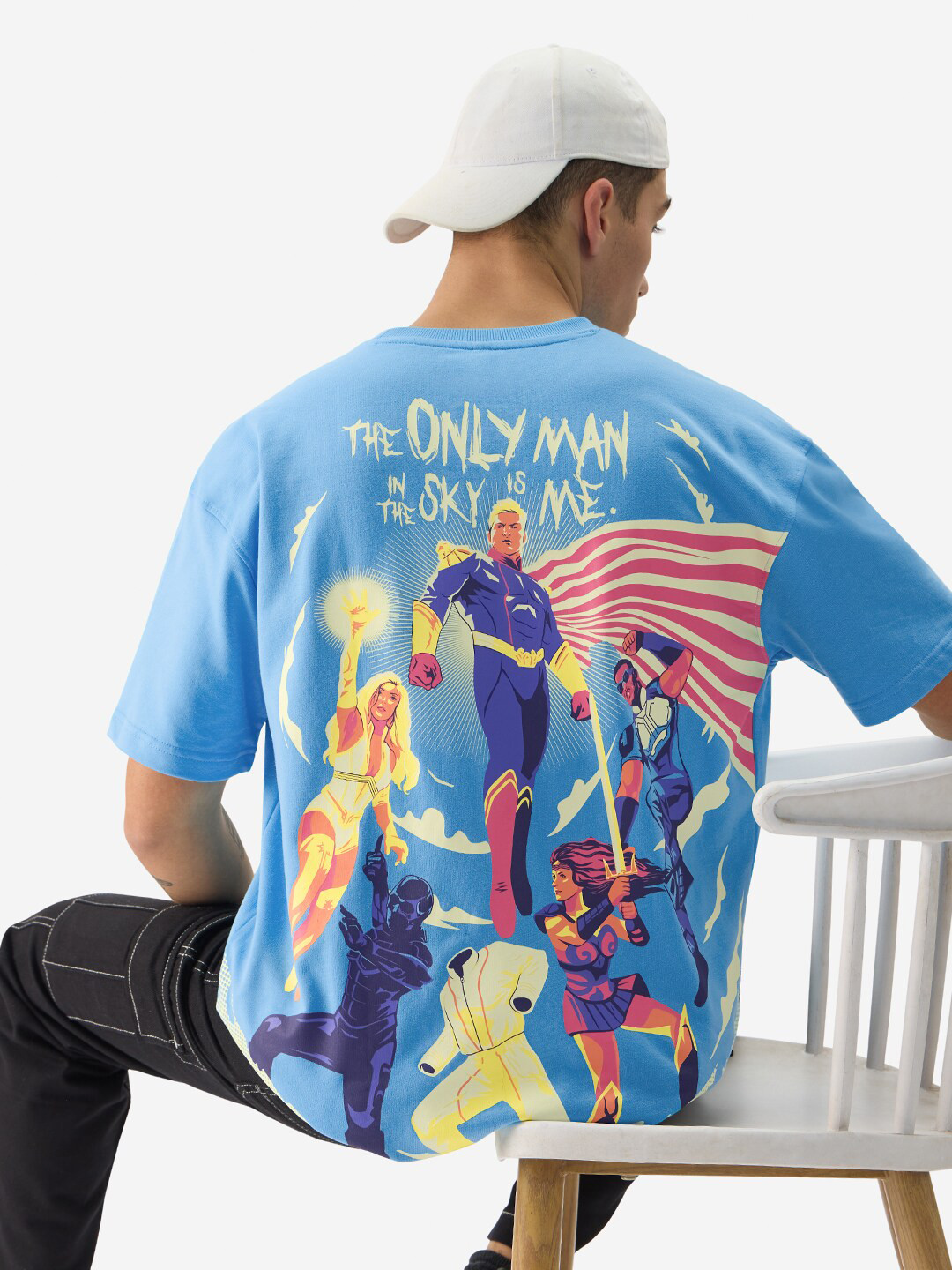 The Souled Store Superhero Printed Drop-Shoulder Sleeves Cotton Oversized T-shirt