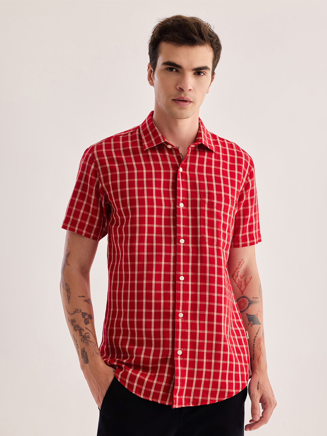 Red Flame Gingham Checked Spread Collar Cotton Linen Casual Shirt