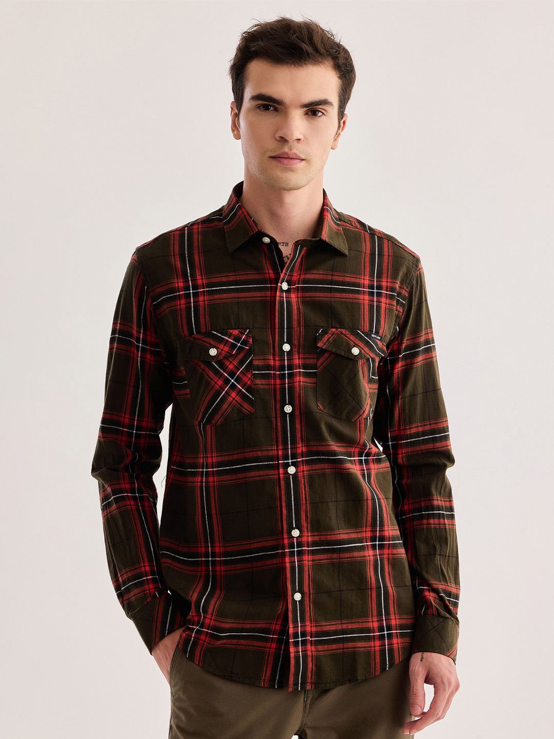 Red Flame Tartan Checked Spread Collar Cotton Casual Shirt