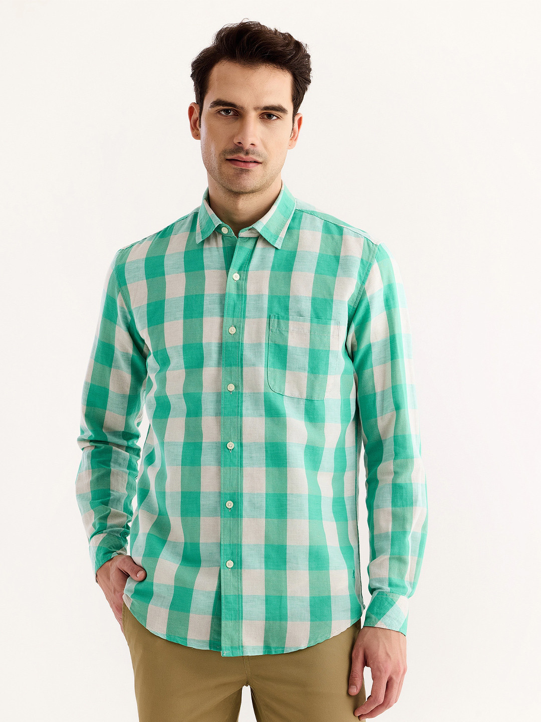 Red Flame Buffalo Checked Spread Collar Cotton Linen Casual Shirt